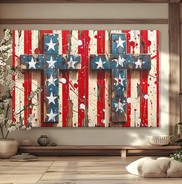 Tablou Canvas Premium LuxCanva® H1041, Crucea Libertatii, Credinta, Cruce, Libertate, Patriotism, Drapel, Stele, Simbol Crestin, Arta Patriotica, Living, Dormitor