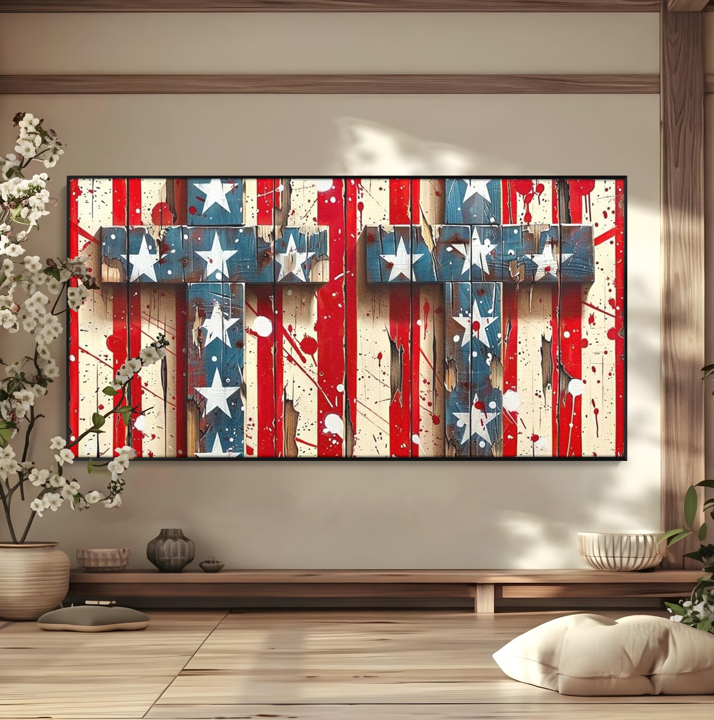 Tablou Canvas Premium LuxCanva® H1041, Crucea Libertatii, Credinta, Cruce, Libertate, Patriotism, Drapel, Stele, Simbol Crestin, Arta Patriotica, Living, Dormitor