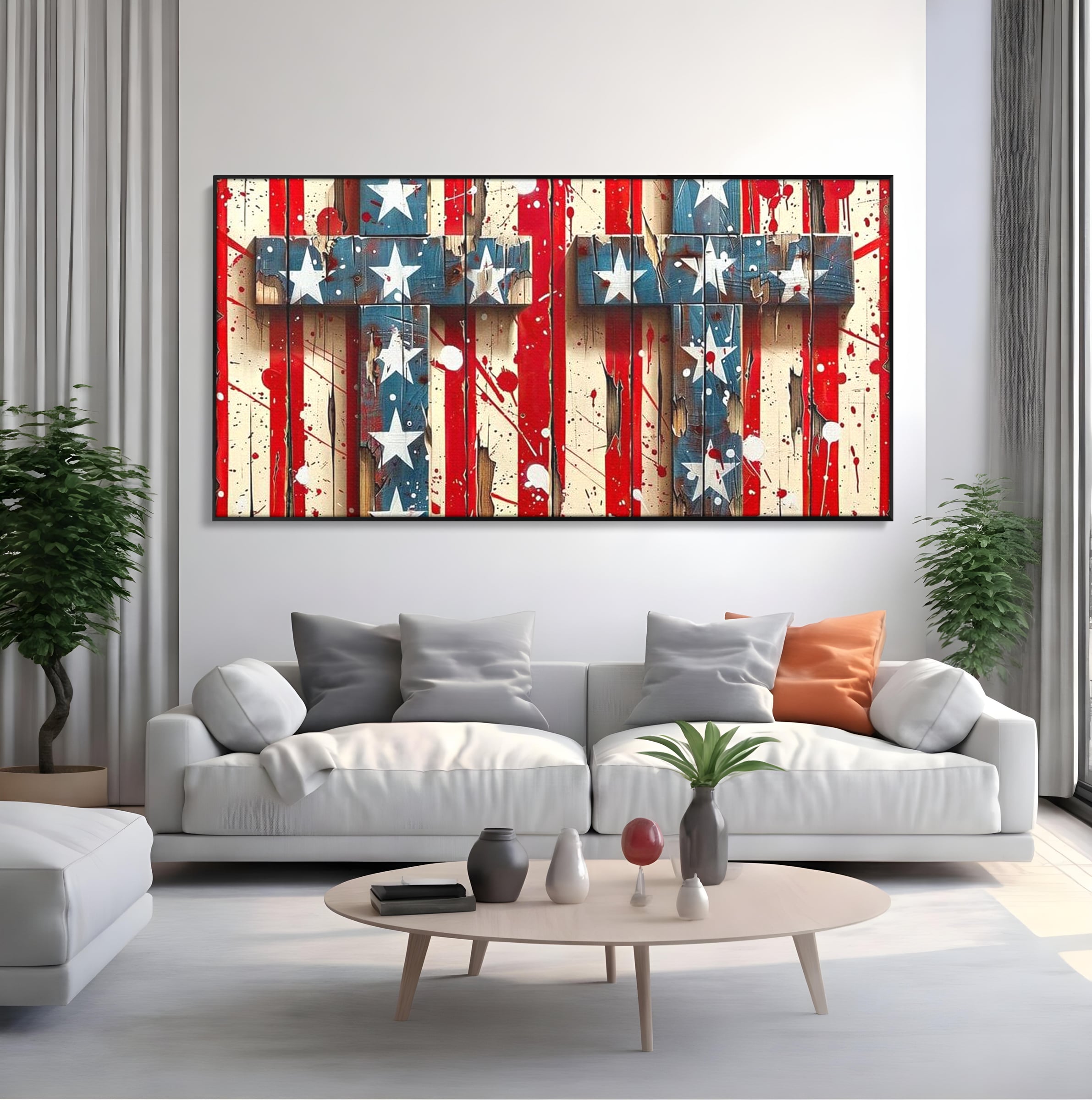 Tablou Canvas Premium LuxCanva® H1041, Crucea Libertatii, Credinta, Cruce, Libertate, Patriotism, Drapel, Stele, Simbol Crestin, Arta Patriotica, Living, Dormitor