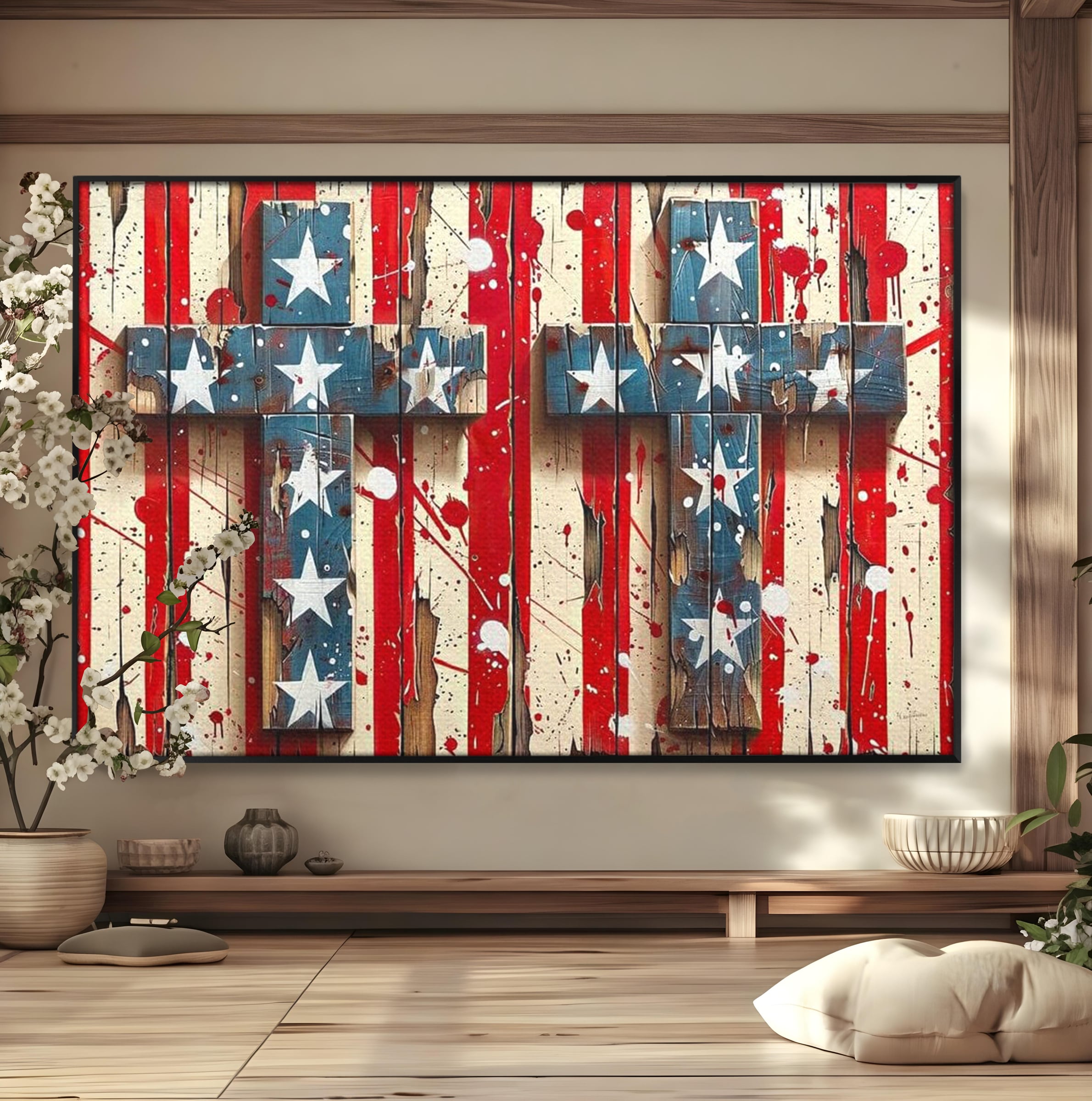Tablou Canvas Premium LuxCanva® H1041, Crucea Libertatii, Credinta, Cruce, Libertate, Patriotism, Drapel, Stele, Simbol Crestin, Arta Patriotica, Living, Dormitor