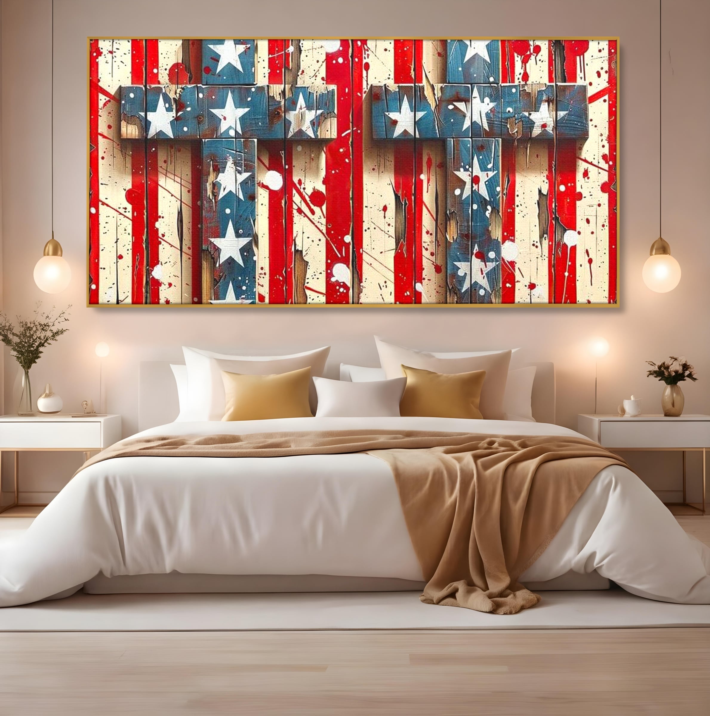 Tablou Canvas Premium LuxCanva® H1041, Crucea Libertatii, Credinta, Cruce, Libertate, Patriotism, Drapel, Stele, Simbol Crestin, Arta Patriotica, Living, Dormitor