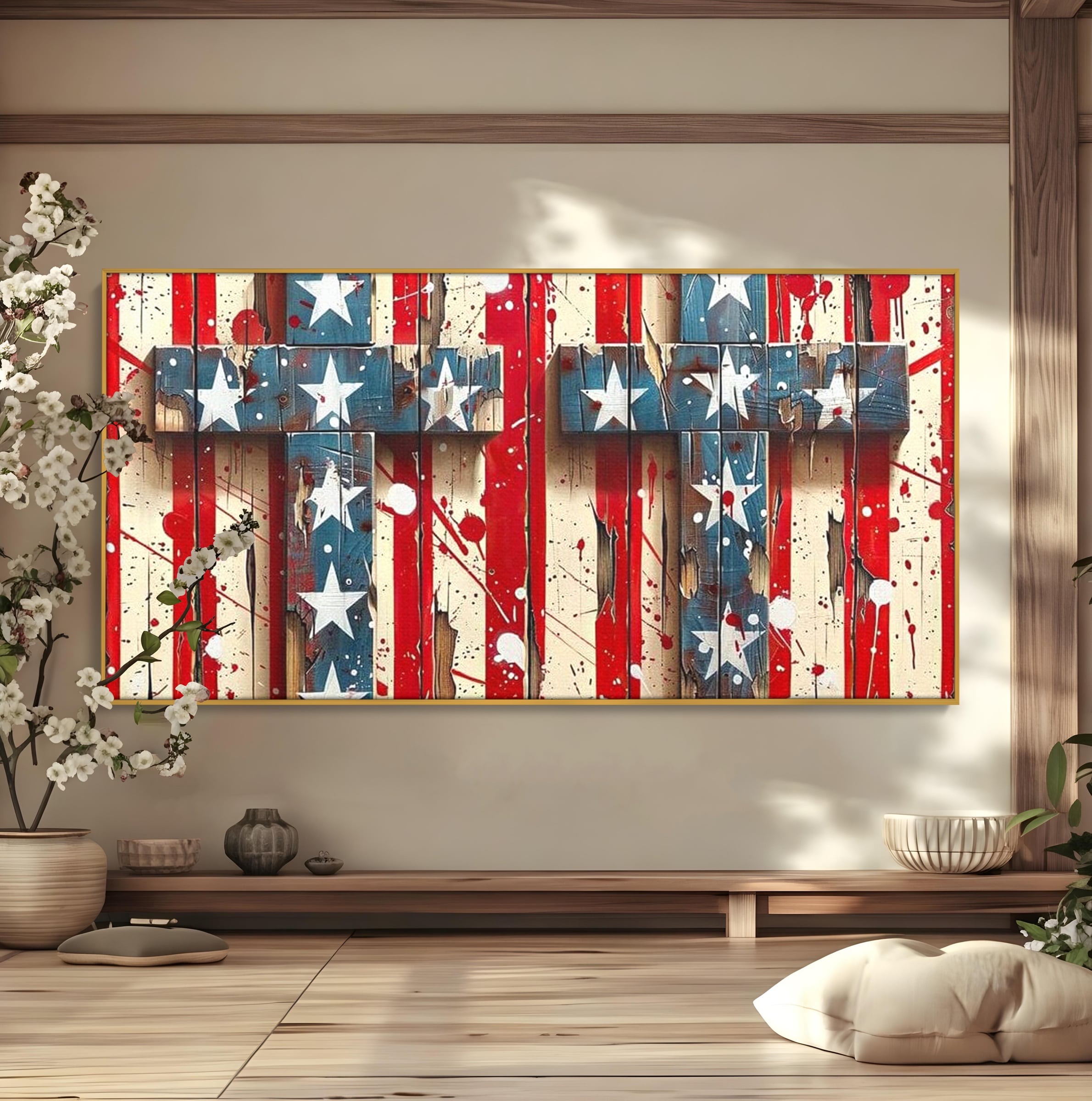 Tablou Canvas Premium LuxCanva® H1041, Crucea Libertatii, Credinta, Cruce, Libertate, Patriotism, Drapel, Stele, Simbol Crestin, Arta Patriotica, Living, Dormitor