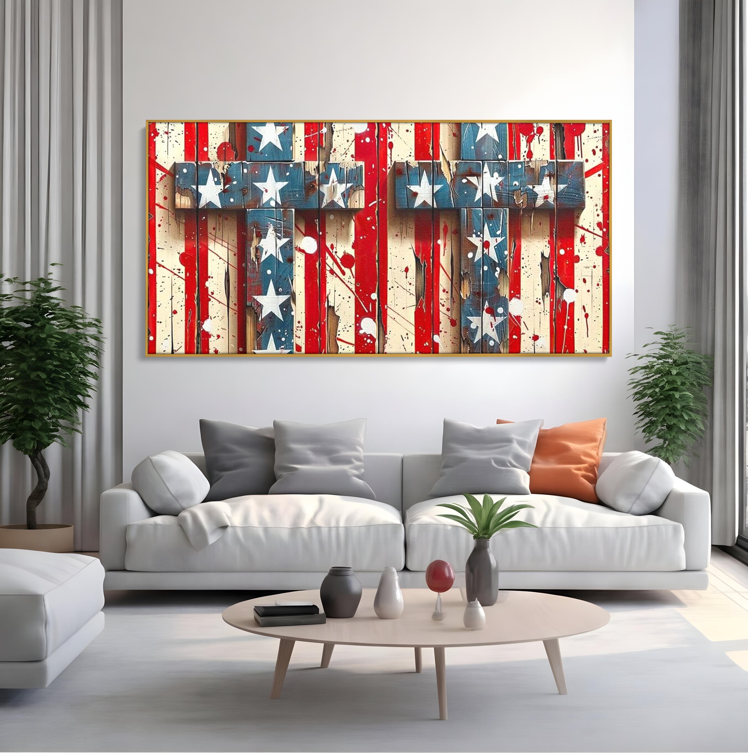 Tablou Canvas Premium LuxCanva® H1041, Crucea Libertatii, Credinta, Cruce, Libertate, Patriotism, Drapel, Stele, Simbol Crestin, Arta Patriotica, Living, Dormitor