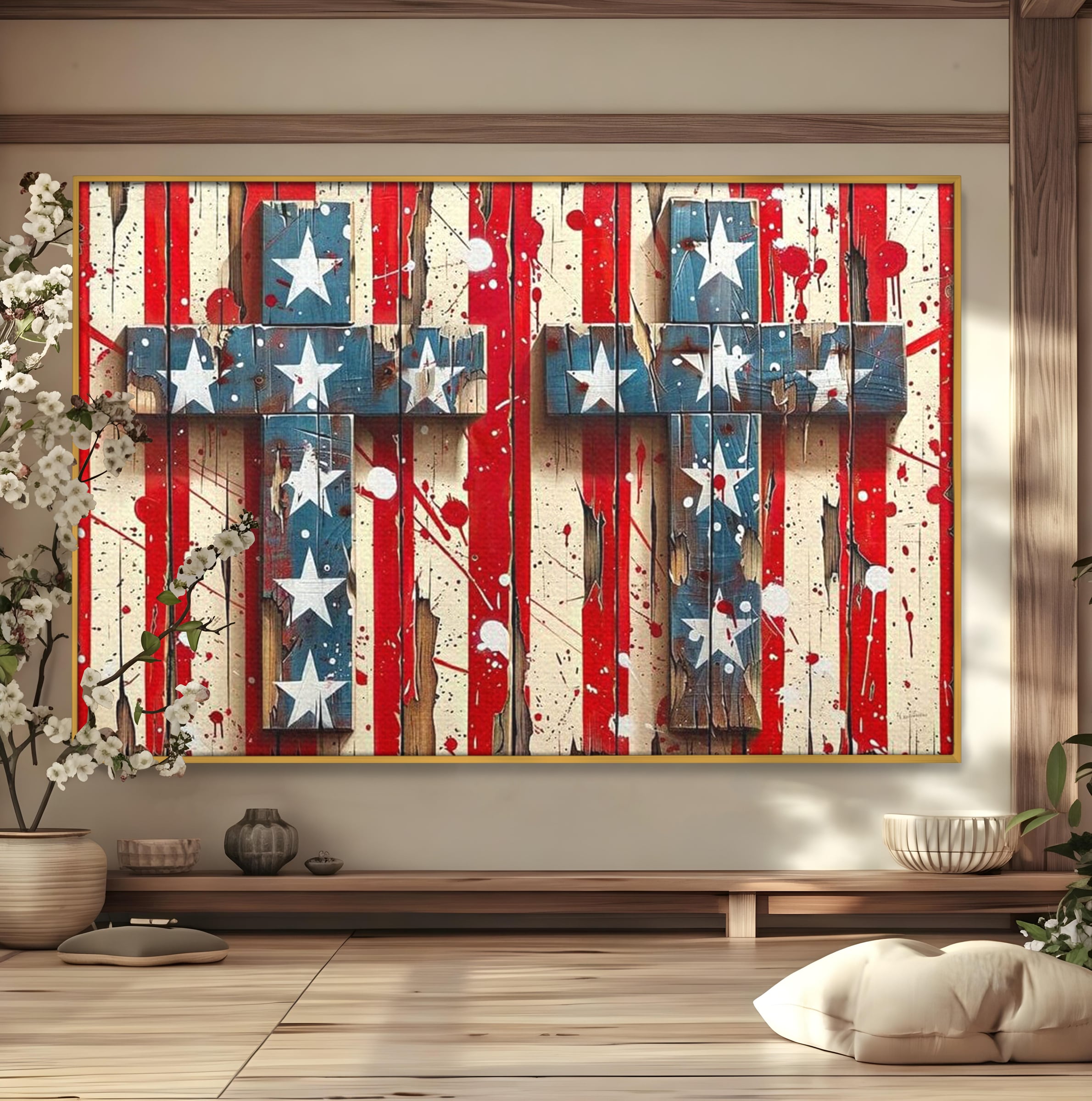 Tablou Canvas Premium LuxCanva® H1041, Crucea Libertatii, Credinta, Cruce, Libertate, Patriotism, Drapel, Stele, Simbol Crestin, Arta Patriotica, Living, Dormitor