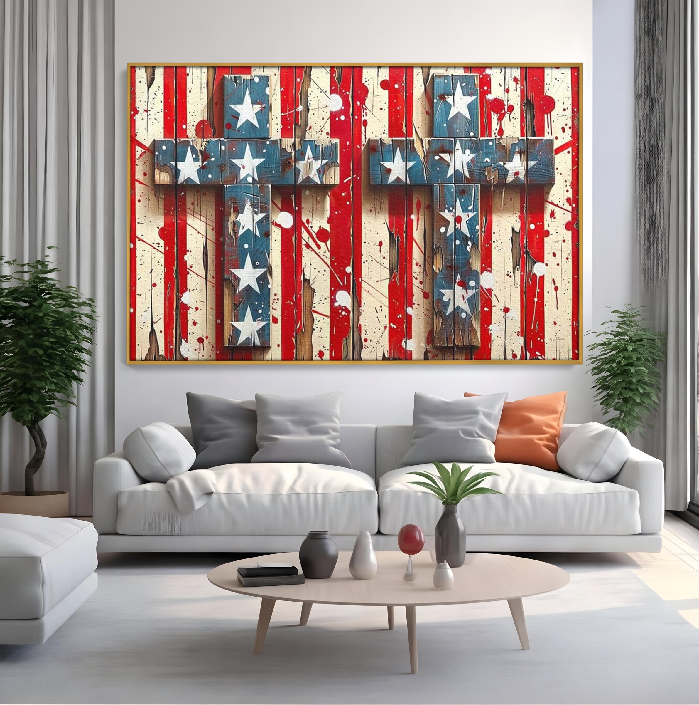 Tablou Canvas Premium LuxCanva® H1041, Crucea Libertatii, Credinta, Cruce, Libertate, Patriotism, Drapel, Stele, Simbol Crestin, Arta Patriotica, Living, Dormitor
