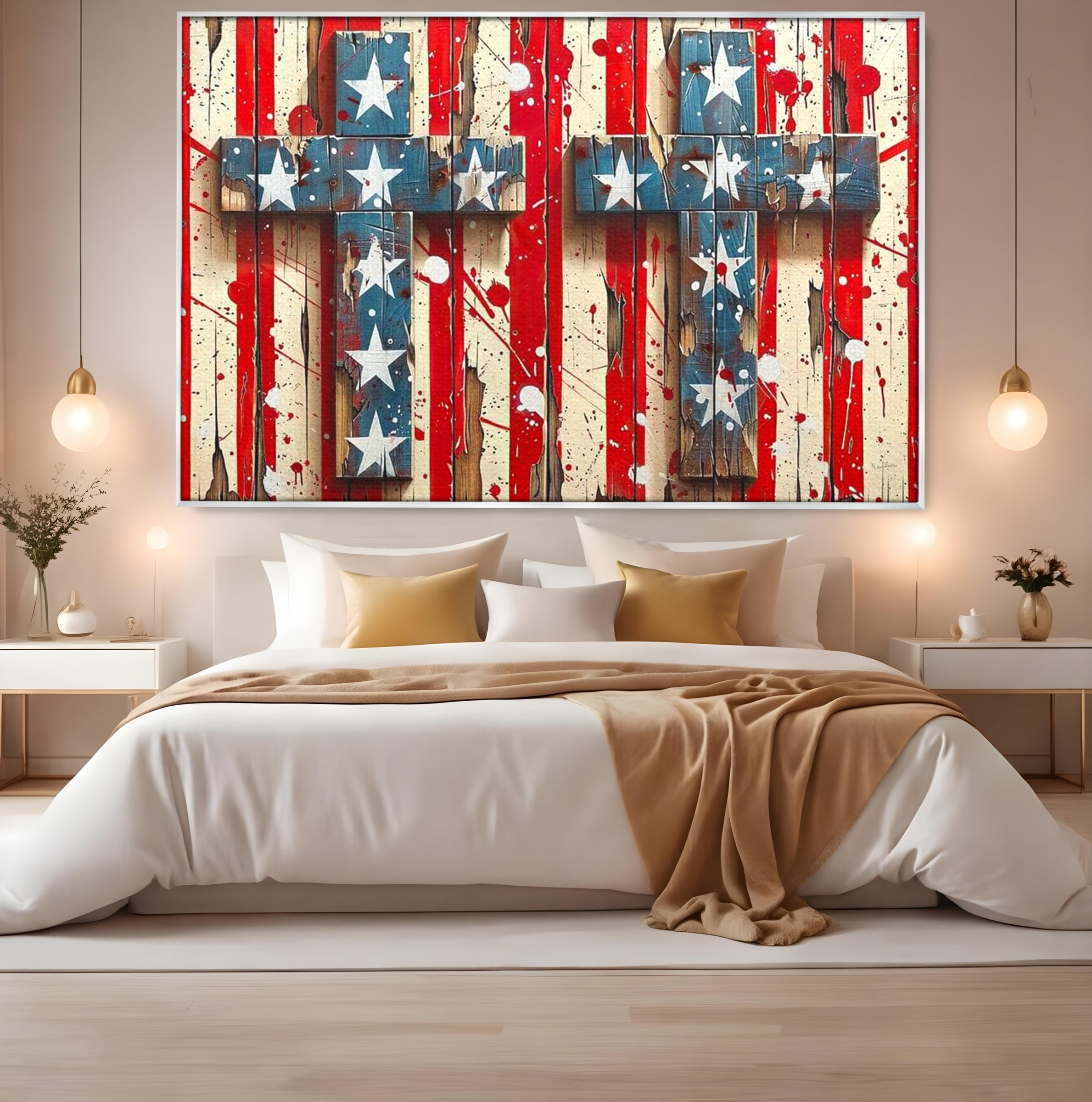 Tablou Canvas Premium LuxCanva® H1041, Crucea Libertatii, Credinta, Cruce, Libertate, Patriotism, Drapel, Stele, Simbol Crestin, Arta Patriotica, Living, Dormitor