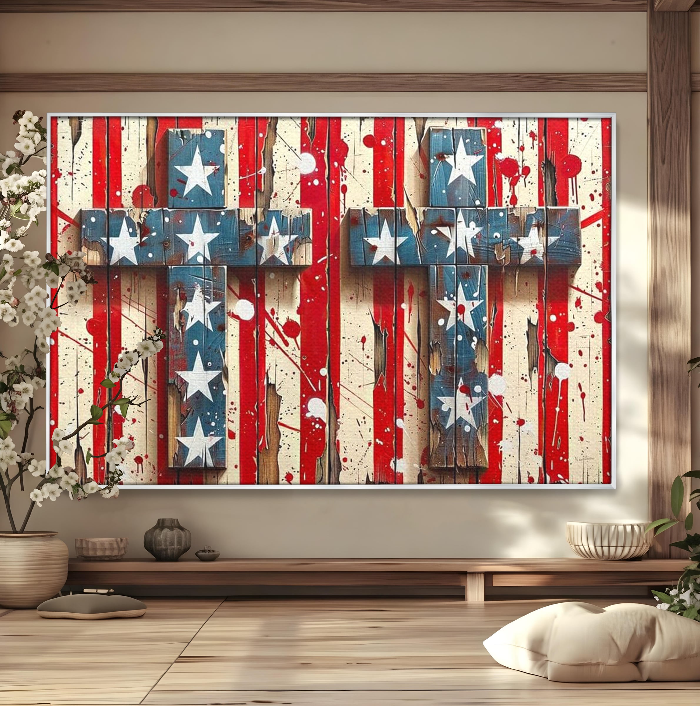 Tablou Canvas Premium LuxCanva® H1041, Crucea Libertatii, Credinta, Cruce, Libertate, Patriotism, Drapel, Stele, Simbol Crestin, Arta Patriotica, Living, Dormitor