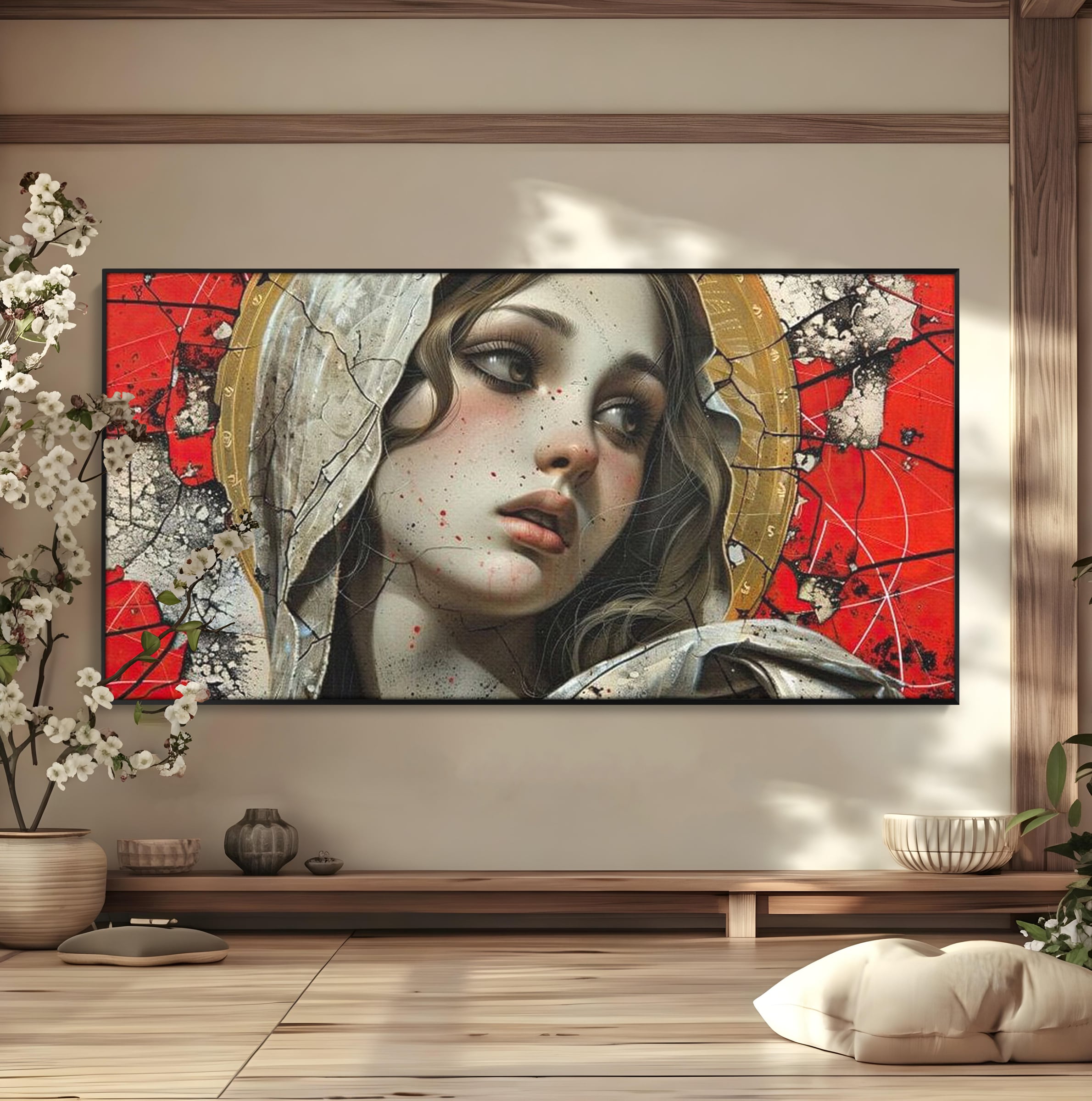 Tablou Canvas Premium LuxCanva® H1042, Aura Sacra, Icoana Reinterpretata, Speranta, Blandete, Fragilitate, Pace, Arta Religioasa Moderna, Living, Dormitor