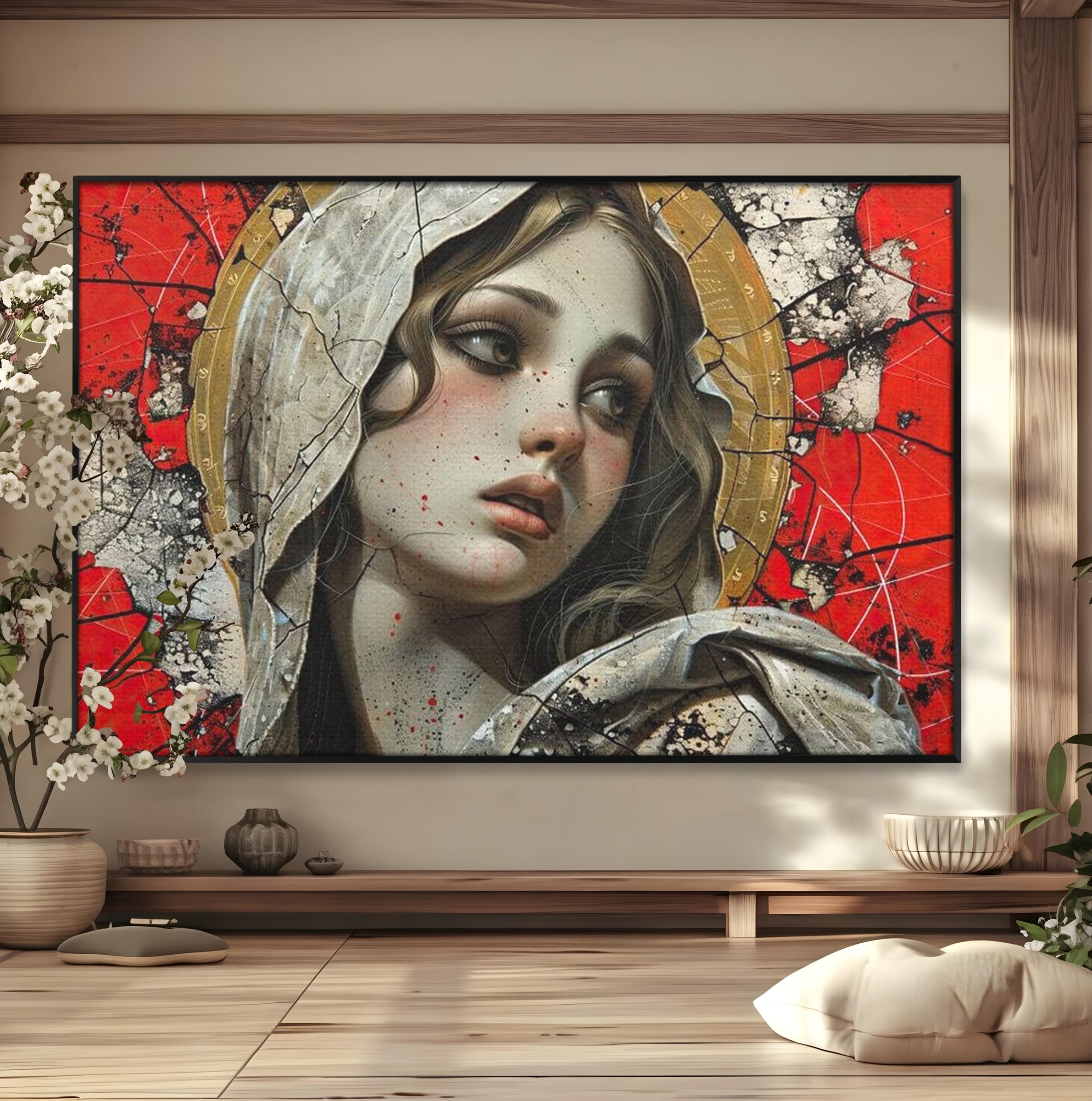 Tablou Canvas Premium LuxCanva® H1042, Aura Sacra, Icoana Reinterpretata, Speranta, Blandete, Fragilitate, Pace, Arta Religioasa Moderna, Living, Dormitor