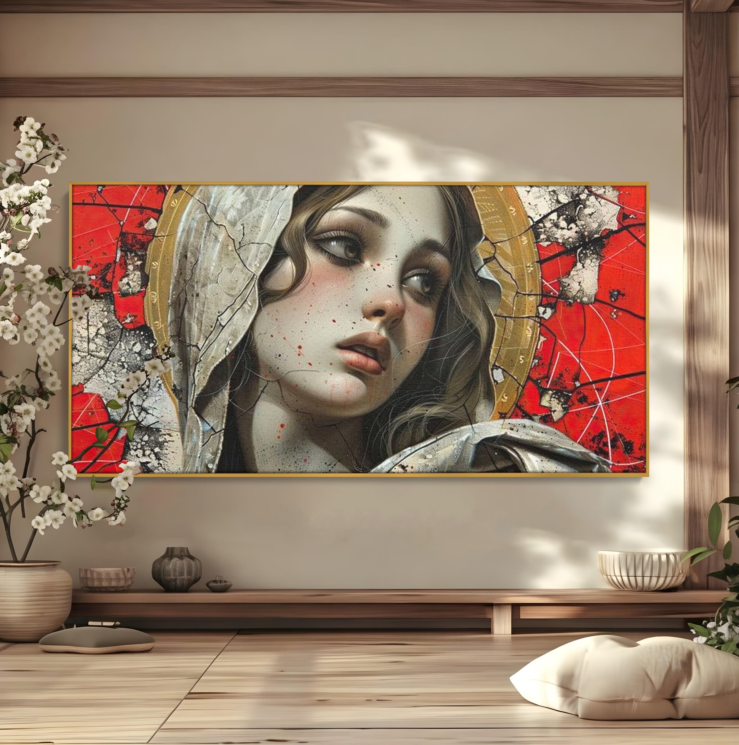 Tablou Canvas Premium LuxCanva® H1042, Aura Sacra, Icoana Reinterpretata, Speranta, Blandete, Fragilitate, Pace, Arta Religioasa Moderna, Living, Dormitor