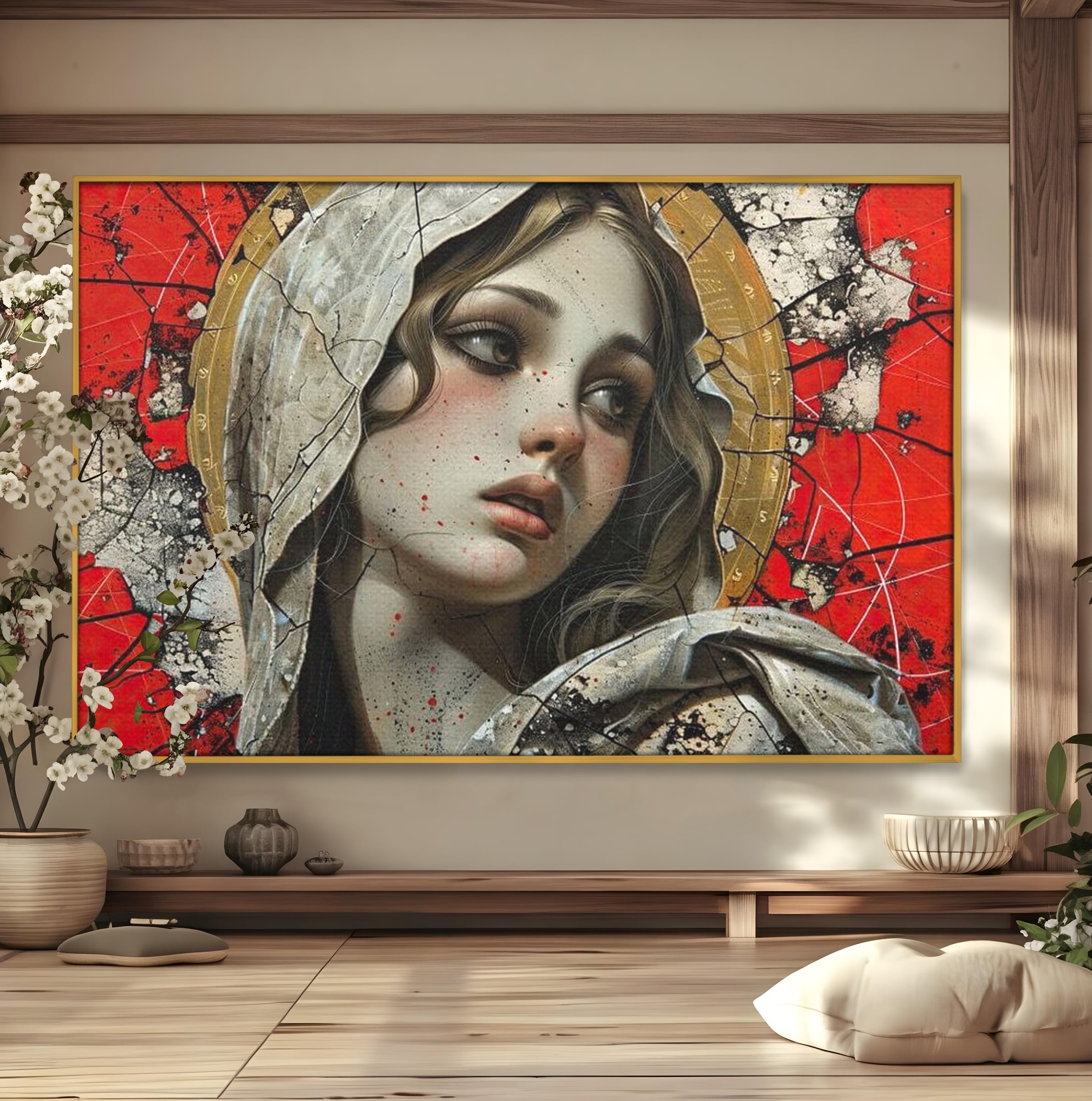 Tablou Canvas Premium LuxCanva® H1042, Aura Sacra, Icoana Reinterpretata, Speranta, Blandete, Fragilitate, Pace, Arta Religioasa Moderna, Living, Dormitor