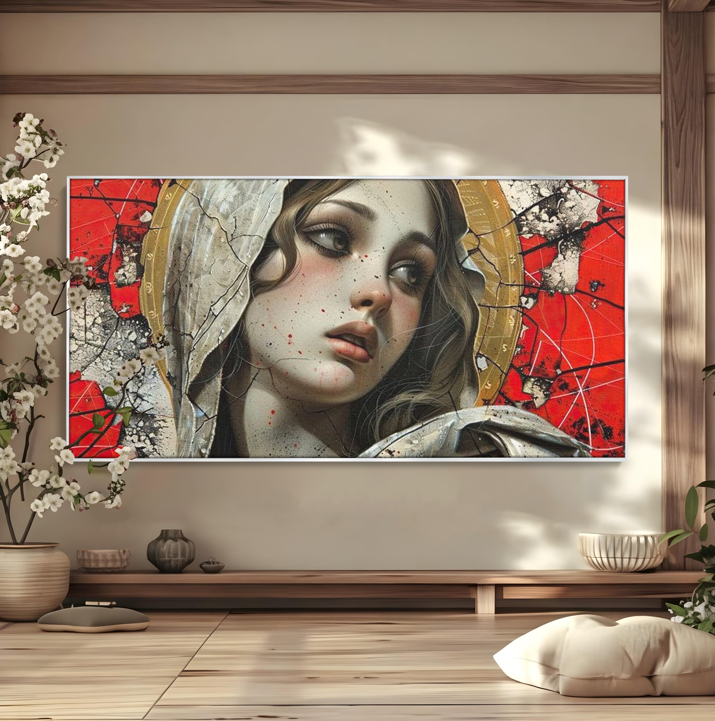 Tablou Canvas Premium LuxCanva® H1042, Aura Sacra, Icoana Reinterpretata, Speranta, Blandete, Fragilitate, Pace, Arta Religioasa Moderna, Living, Dormitor
