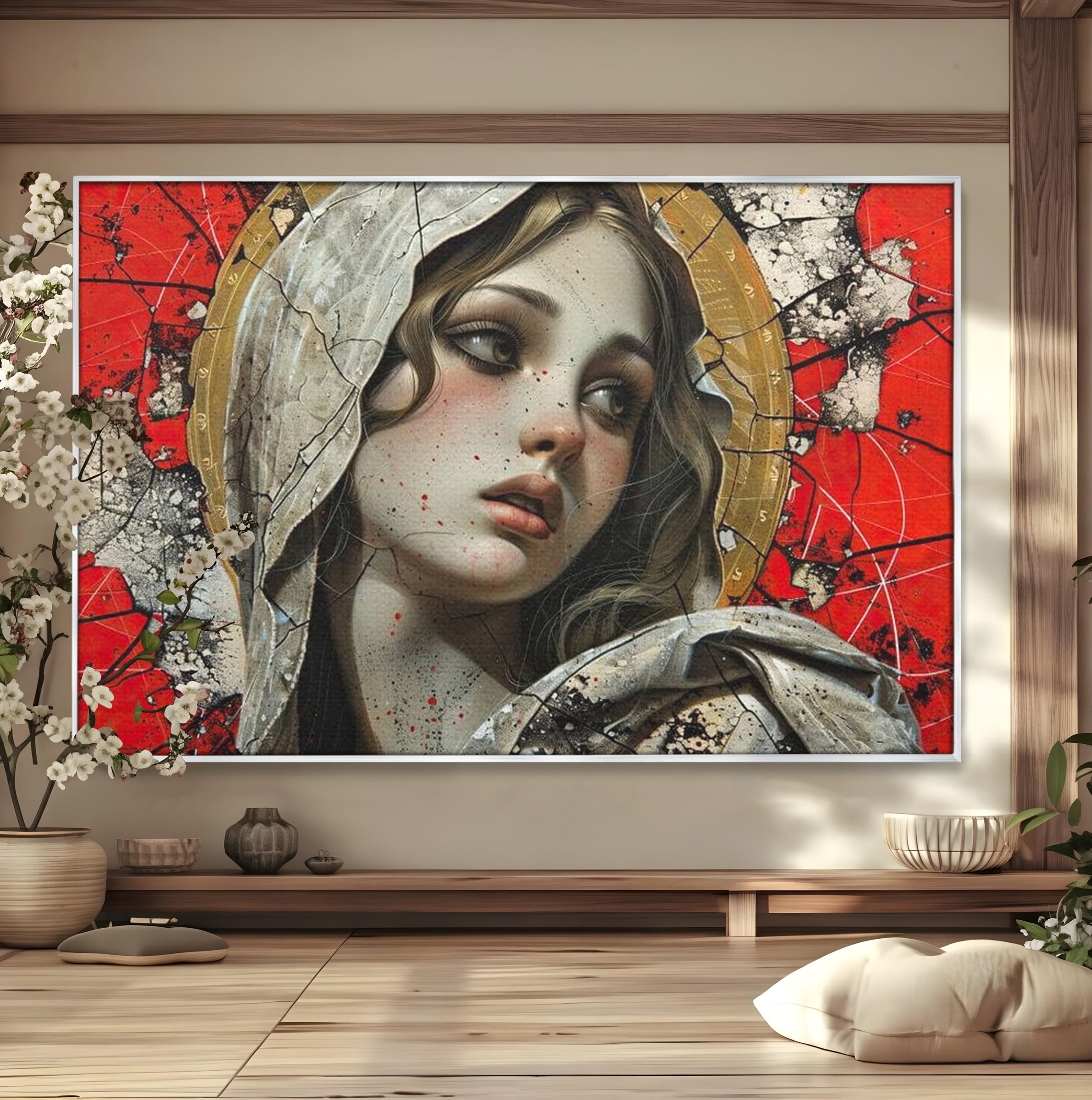 Tablou Canvas Premium LuxCanva® H1042, Aura Sacra, Icoana Reinterpretata, Speranta, Blandete, Fragilitate, Pace, Arta Religioasa Moderna, Living, Dormitor