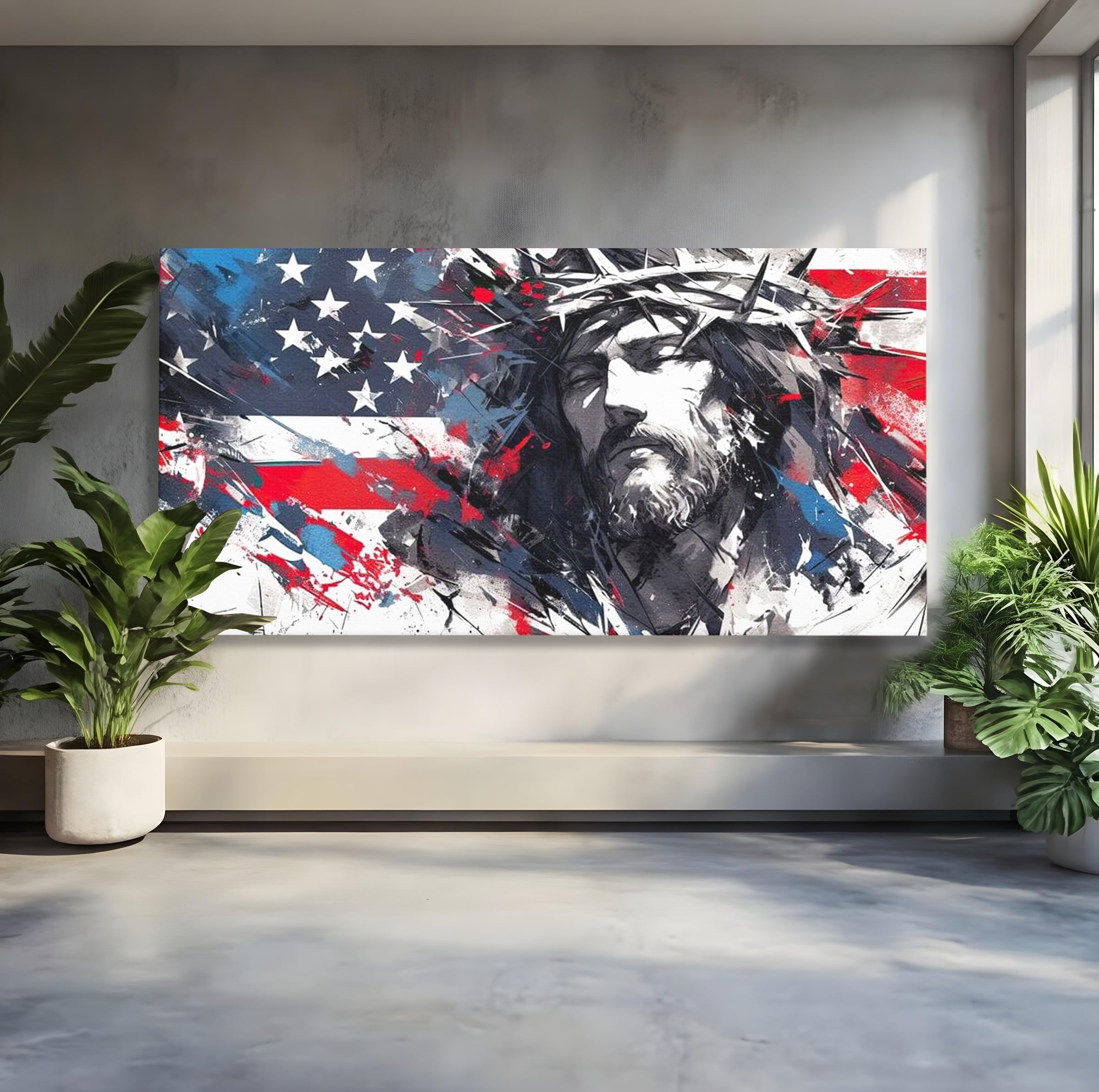 Tablou Canvas Premium LuxCanva® H1045, Credinta si Patrie, Patriotism, Drapel, Libertate, Coroana de Spini, Sacrificiu, Mantuire, Arta Religioasa, Living, Dormitor