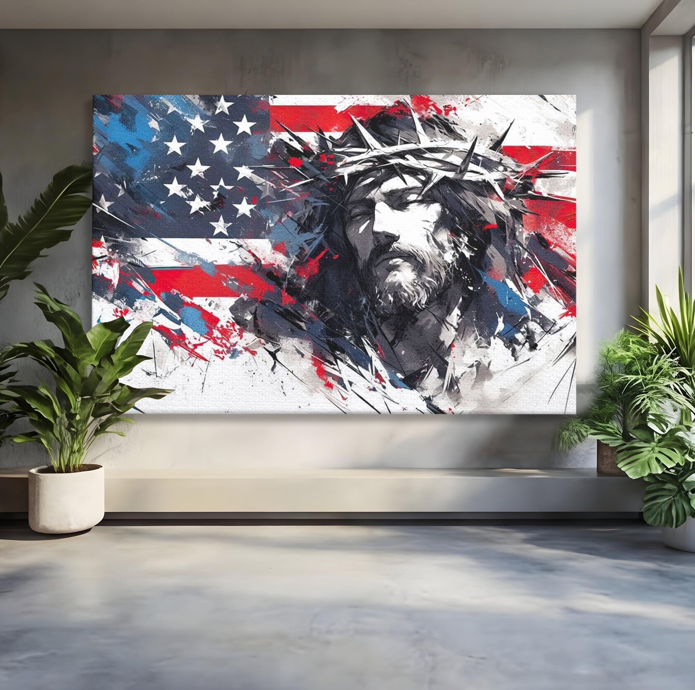 Tablou Canvas Premium LuxCanva® H1045, Credinta si Patrie, Patriotism, Drapel, Libertate, Coroana de Spini, Sacrificiu, Mantuire, Arta Religioasa, Living, Dormitor