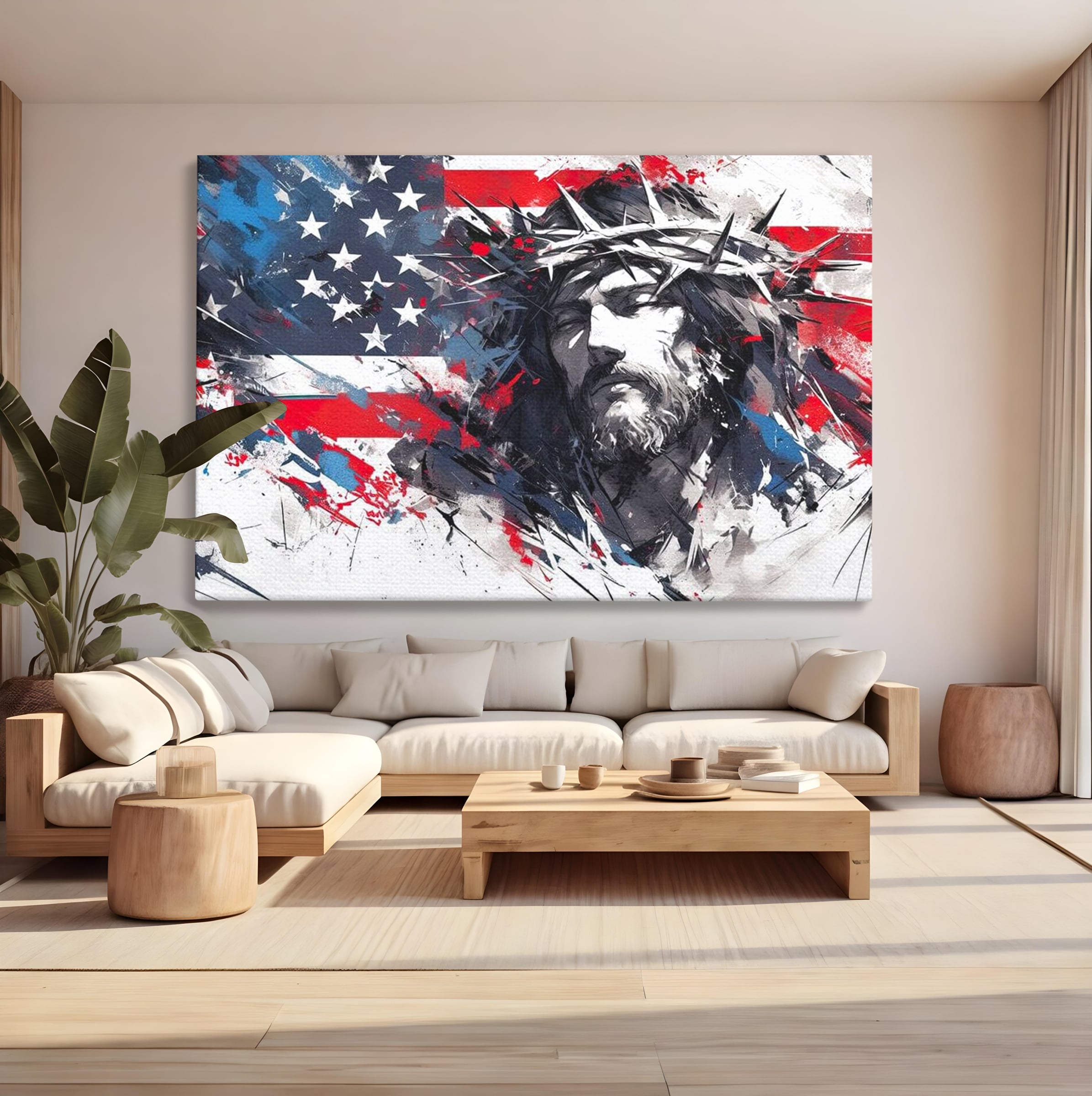 Tablou Canvas Premium LuxCanva® H1045, Credinta si Patrie, Patriotism, Drapel, Libertate, Coroana de Spini, Sacrificiu, Mantuire, Arta Religioasa, Living, Dormitor