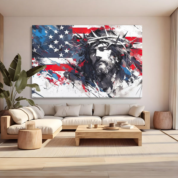 Tablou Canvas Premium LuxCanva® H1045, Credinta si Patrie, Patriotism, Drapel, Libertate, Coroana de Spini, Sacrificiu, Mantuire, Arta Religioasa, Living, Dormitor