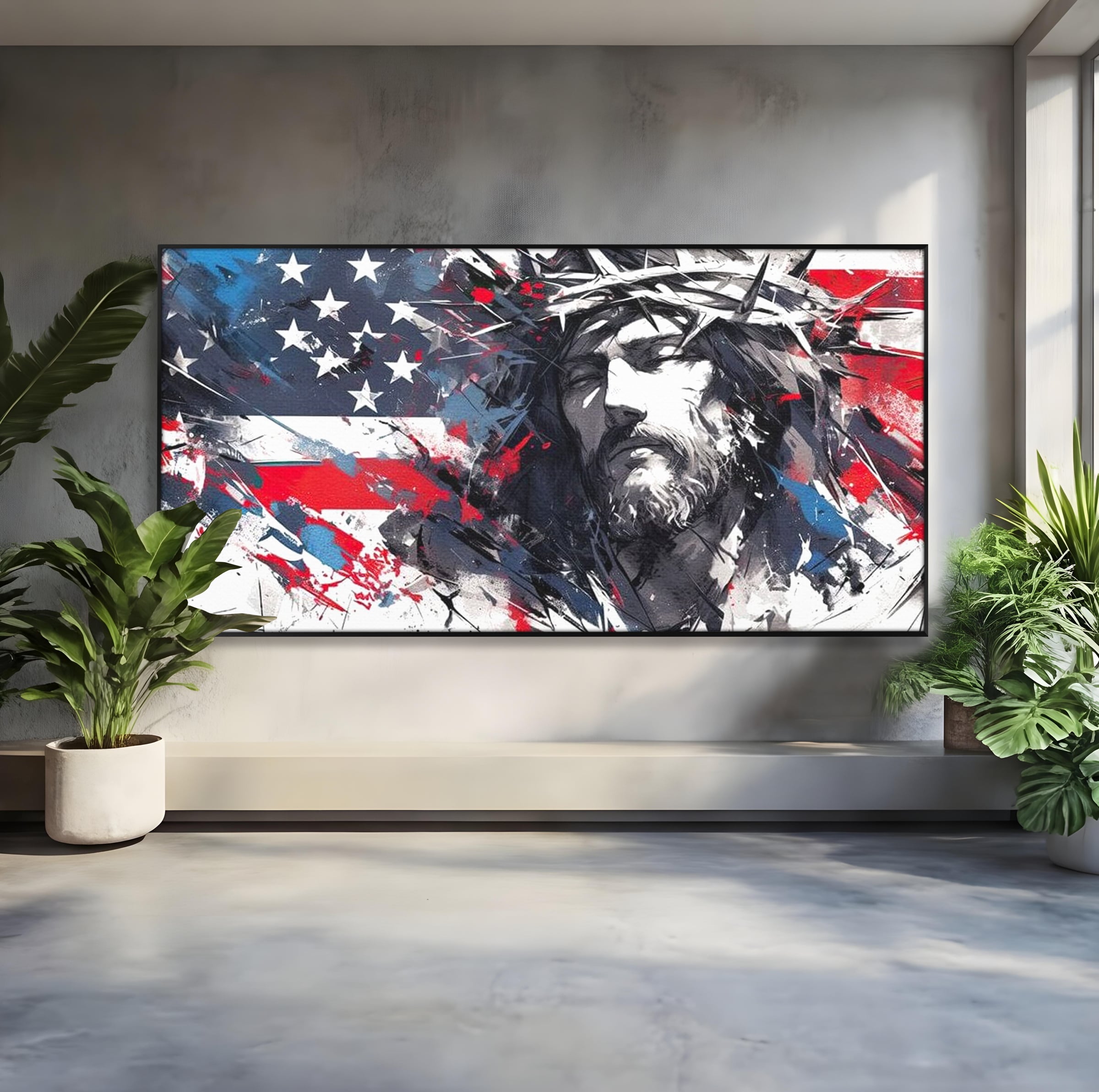 Tablou Canvas Premium LuxCanva® H1045, Credinta si Patrie, Patriotism, Drapel, Libertate, Coroana de Spini, Sacrificiu, Mantuire, Arta Religioasa, Living, Dormitor