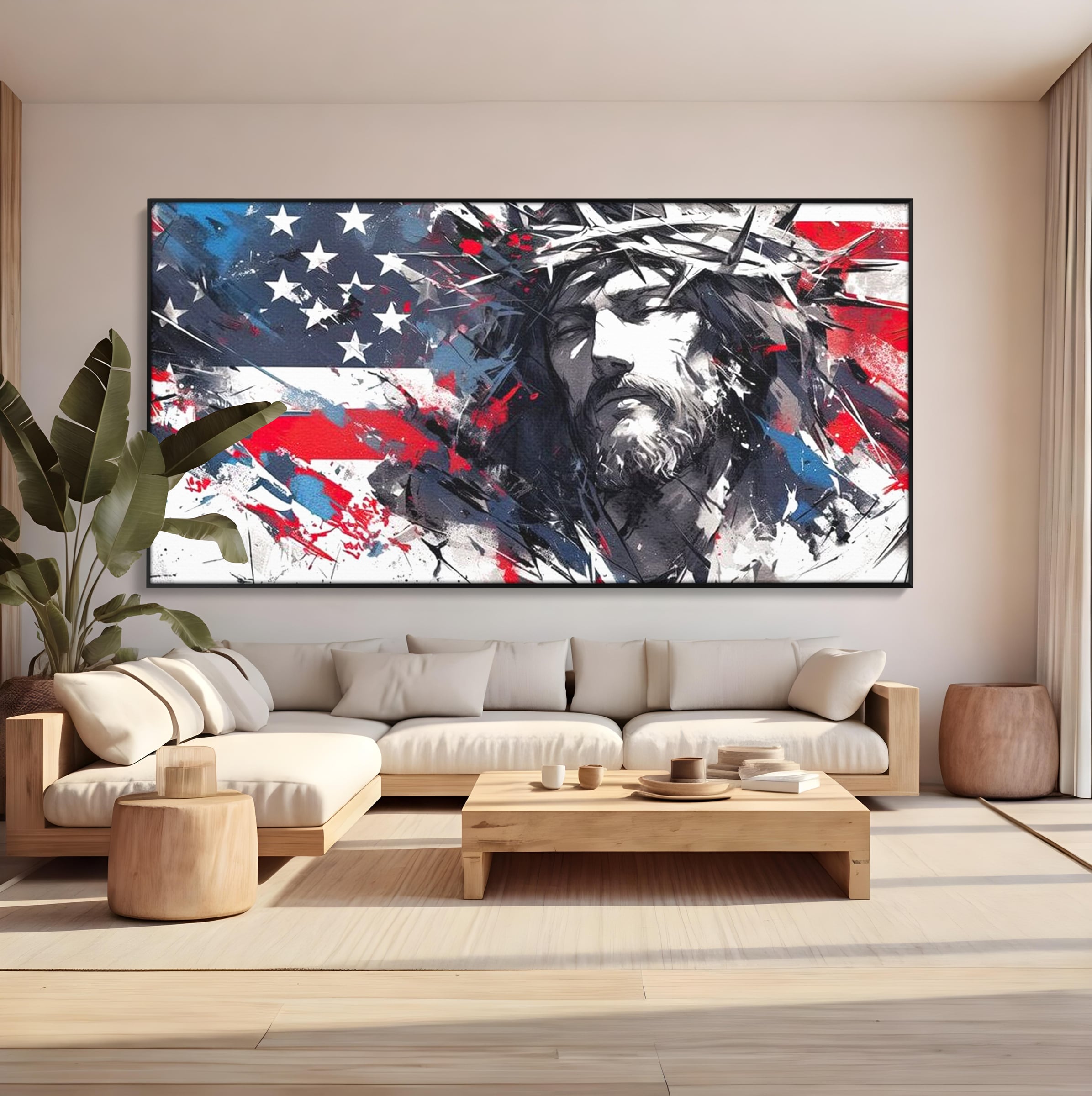 Tablou Canvas Premium LuxCanva® H1045, Credinta si Patrie, Patriotism, Drapel, Libertate, Coroana de Spini, Sacrificiu, Mantuire, Arta Religioasa, Living, Dormitor