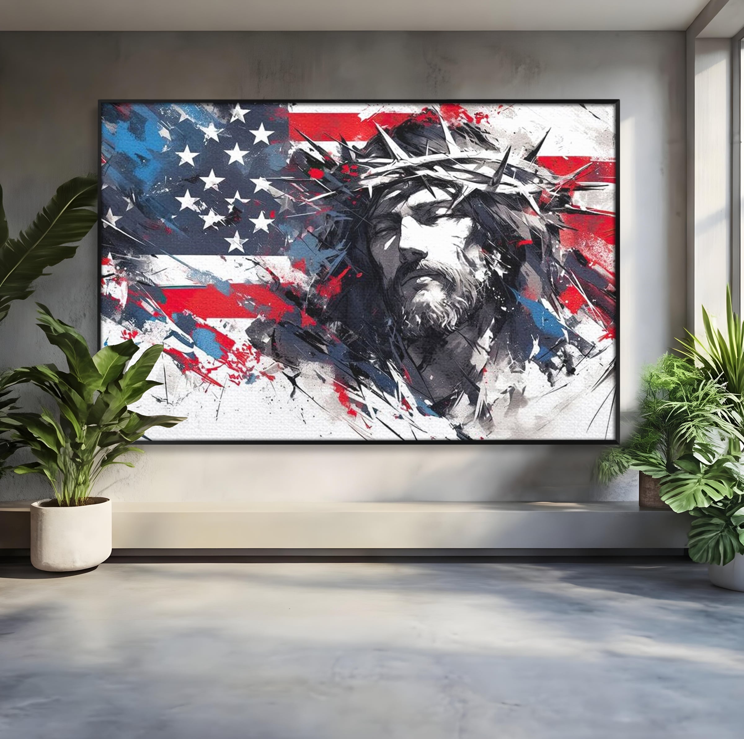 Tablou Canvas Premium LuxCanva® H1045, Credinta si Patrie, Patriotism, Drapel, Libertate, Coroana de Spini, Sacrificiu, Mantuire, Arta Religioasa, Living, Dormitor