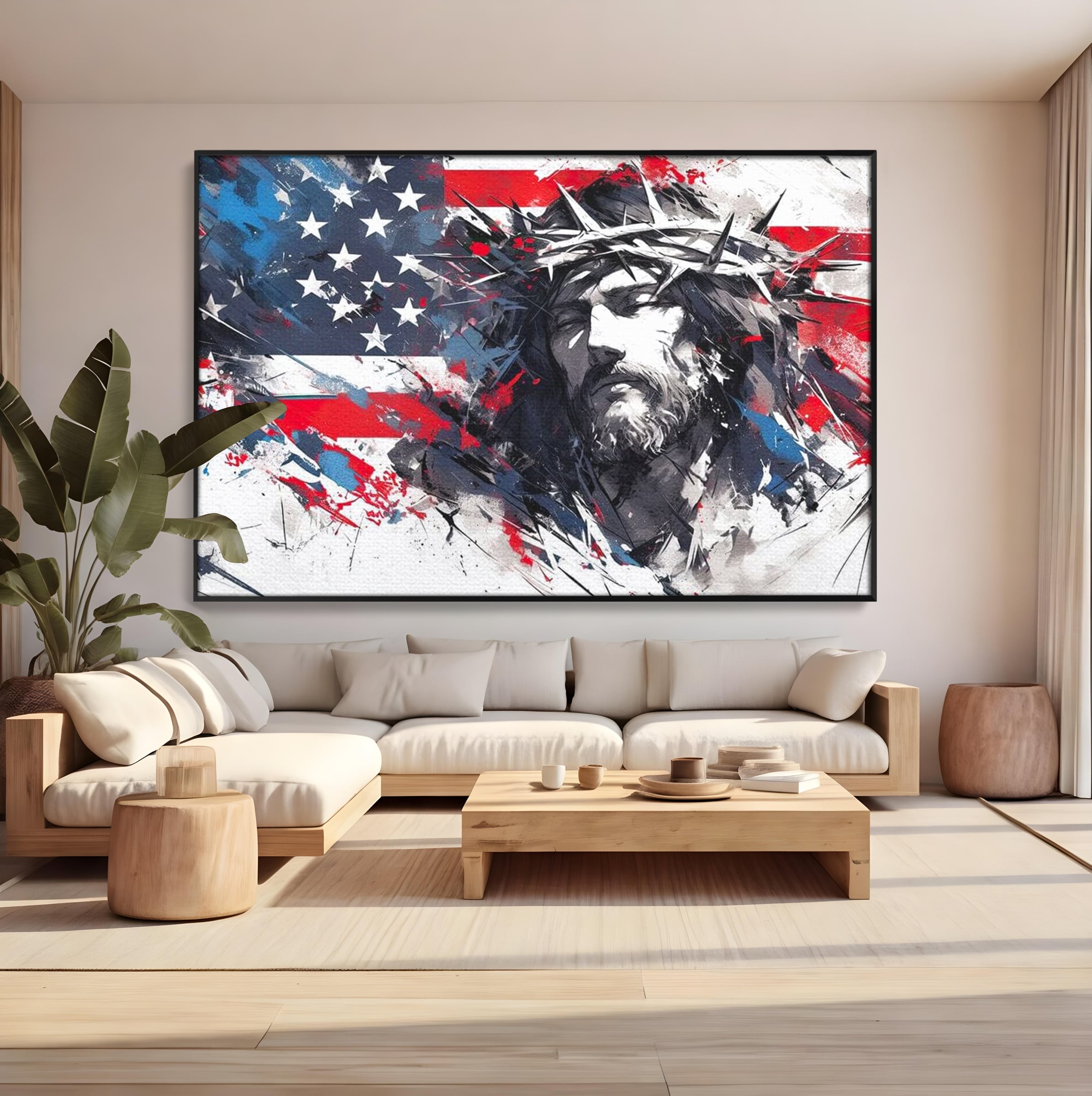 Tablou Canvas Premium LuxCanva® H1045, Credinta si Patrie, Patriotism, Drapel, Libertate, Coroana de Spini, Sacrificiu, Mantuire, Arta Religioasa, Living, Dormitor