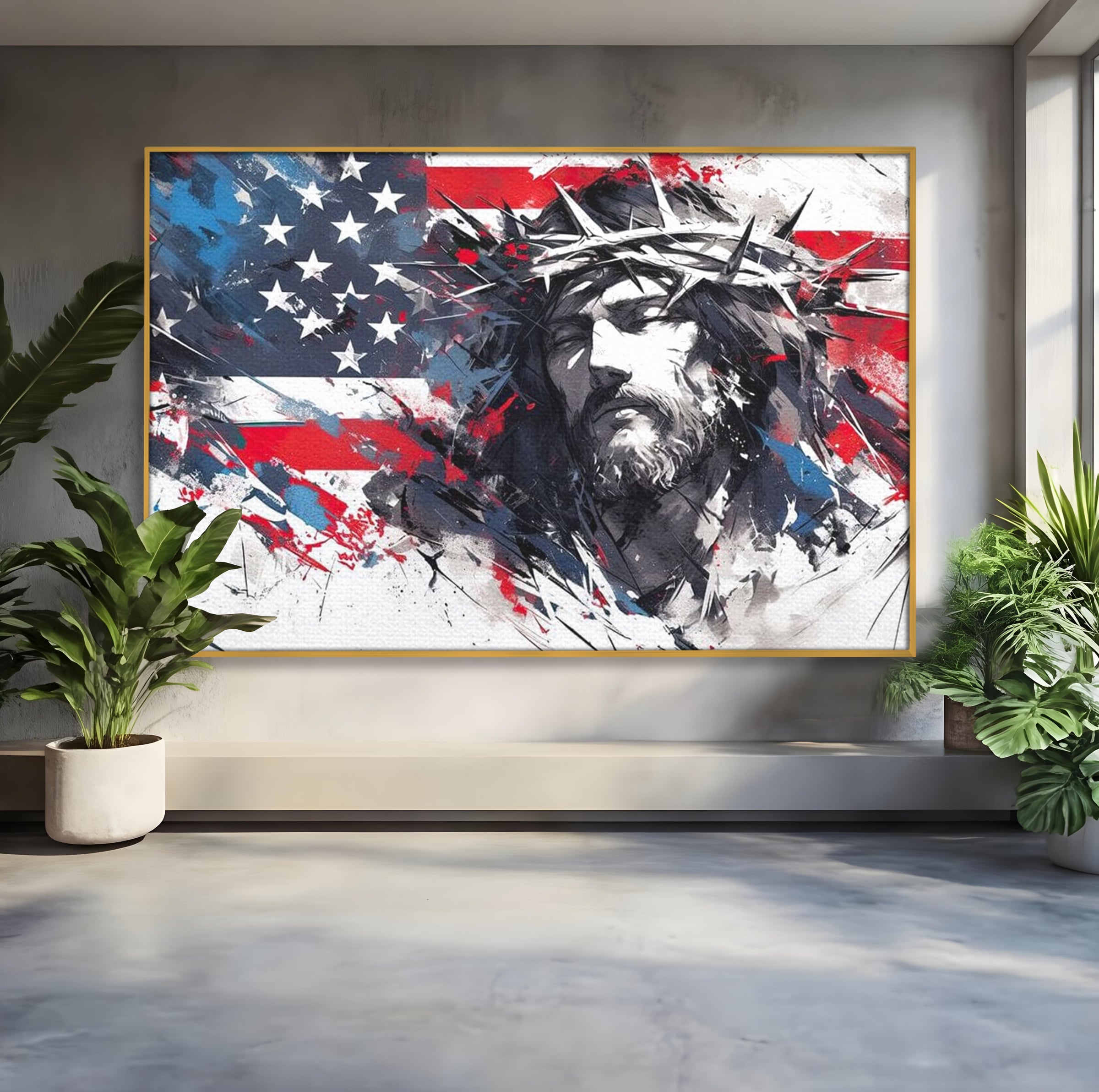 Tablou Canvas Premium LuxCanva® H1045, Credinta si Patrie, Patriotism, Drapel, Libertate, Coroana de Spini, Sacrificiu, Mantuire, Arta Religioasa, Living, Dormitor
