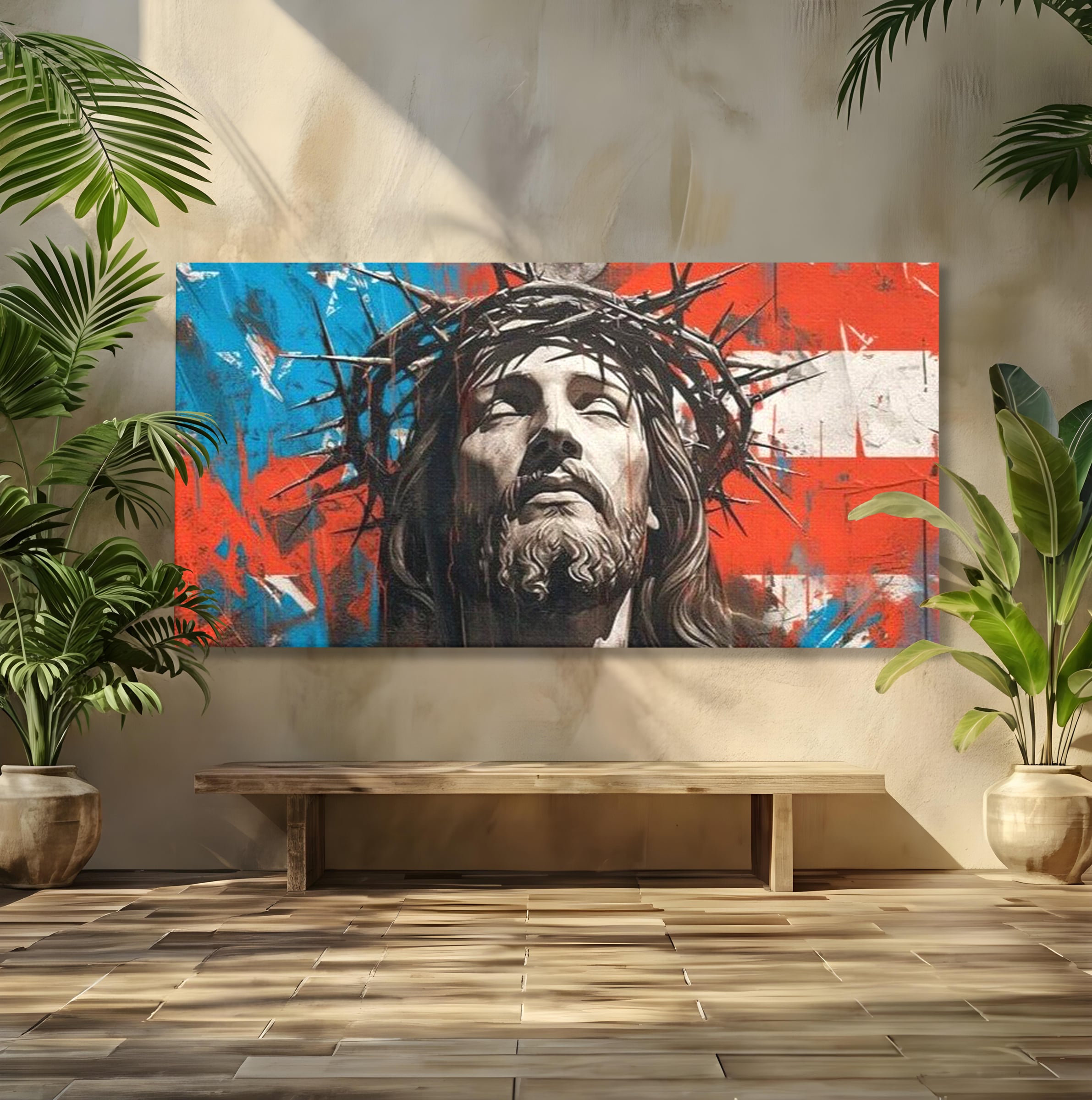 Tablou Canvas Premium LuxCanva® H1046, Sacrificiu si Natiune, Patriotism, Drapel, Libertate, Coroana de Spini, Sacrificiu, Mantuire, Arta Religioasa, Living, Dormitor