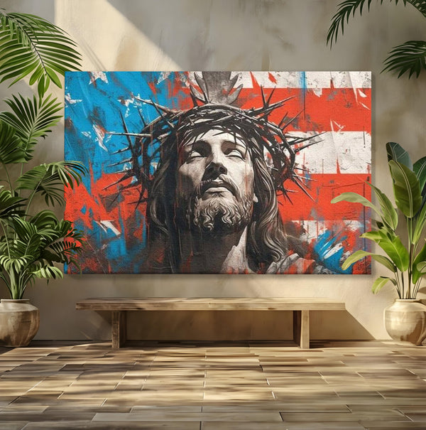 Tablou Canvas Premium LuxCanva® H1046, Sacrificiu si Natiune, Patriotism, Drapel, Libertate, Coroana de Spini, Sacrificiu, Mantuire, Arta Religioasa, Living, Dormitor