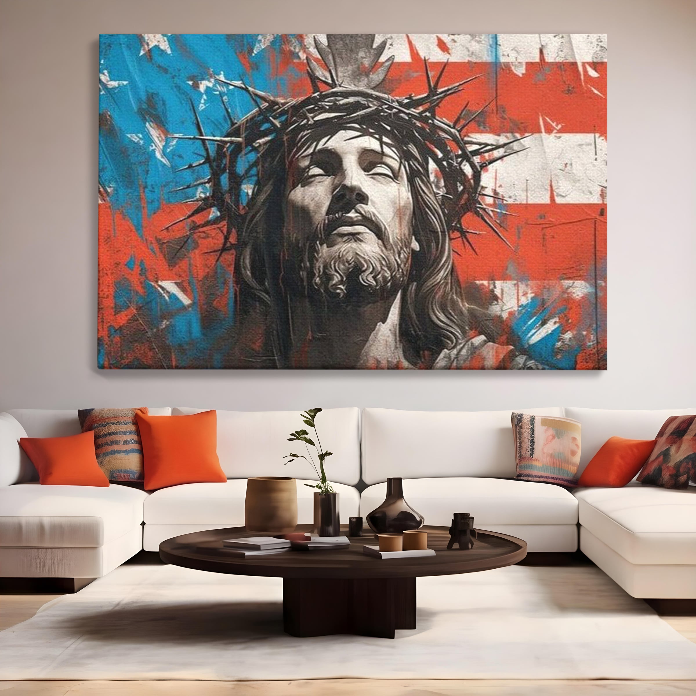 Tablou Canvas Premium LuxCanva® H1046, Sacrificiu si Natiune, Patriotism, Drapel, Libertate, Coroana de Spini, Sacrificiu, Mantuire, Arta Religioasa, Living, Dormitor