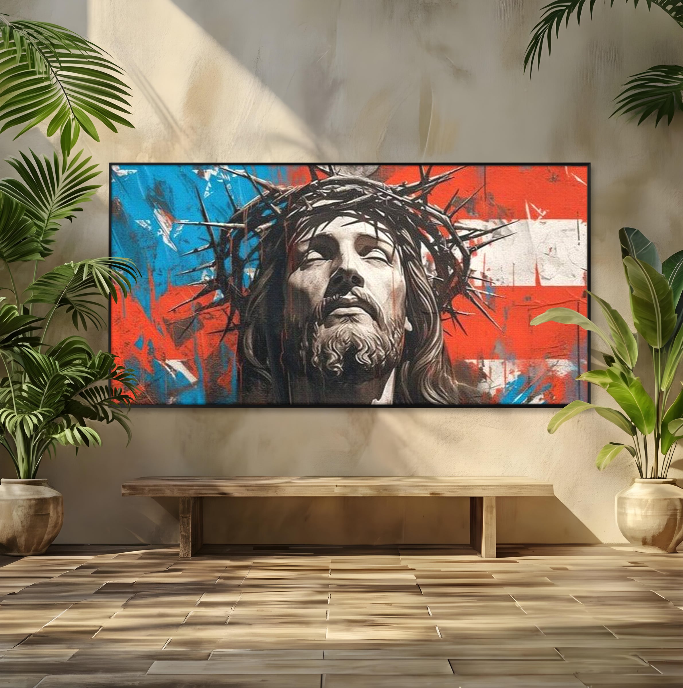 Tablou Canvas Premium LuxCanva® H1046, Sacrificiu si Natiune, Patriotism, Drapel, Libertate, Coroana de Spini, Sacrificiu, Mantuire, Arta Religioasa, Living, Dormitor