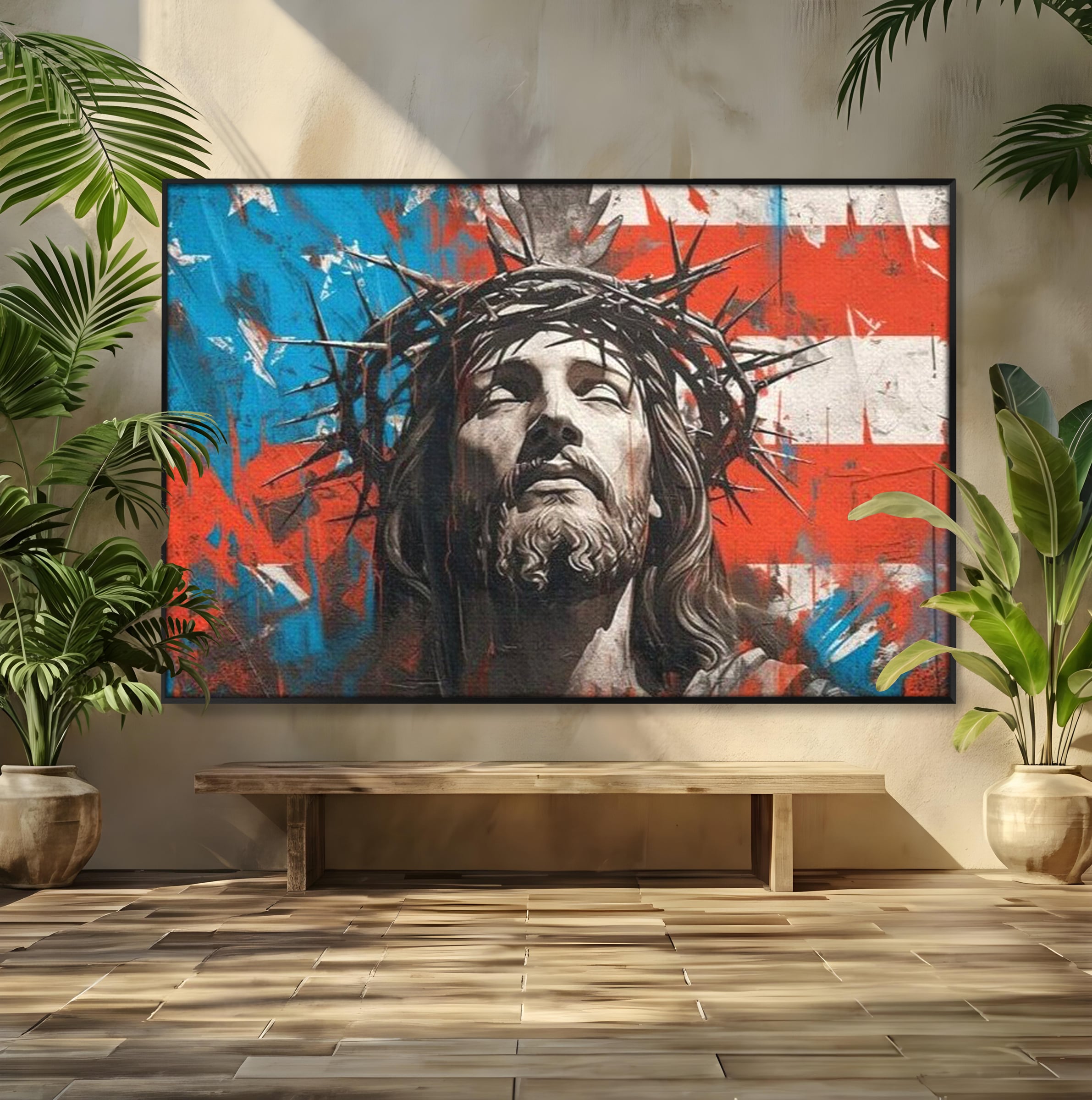 Tablou Canvas Premium LuxCanva® H1046, Sacrificiu si Natiune, Patriotism, Drapel, Libertate, Coroana de Spini, Sacrificiu, Mantuire, Arta Religioasa, Living, Dormitor