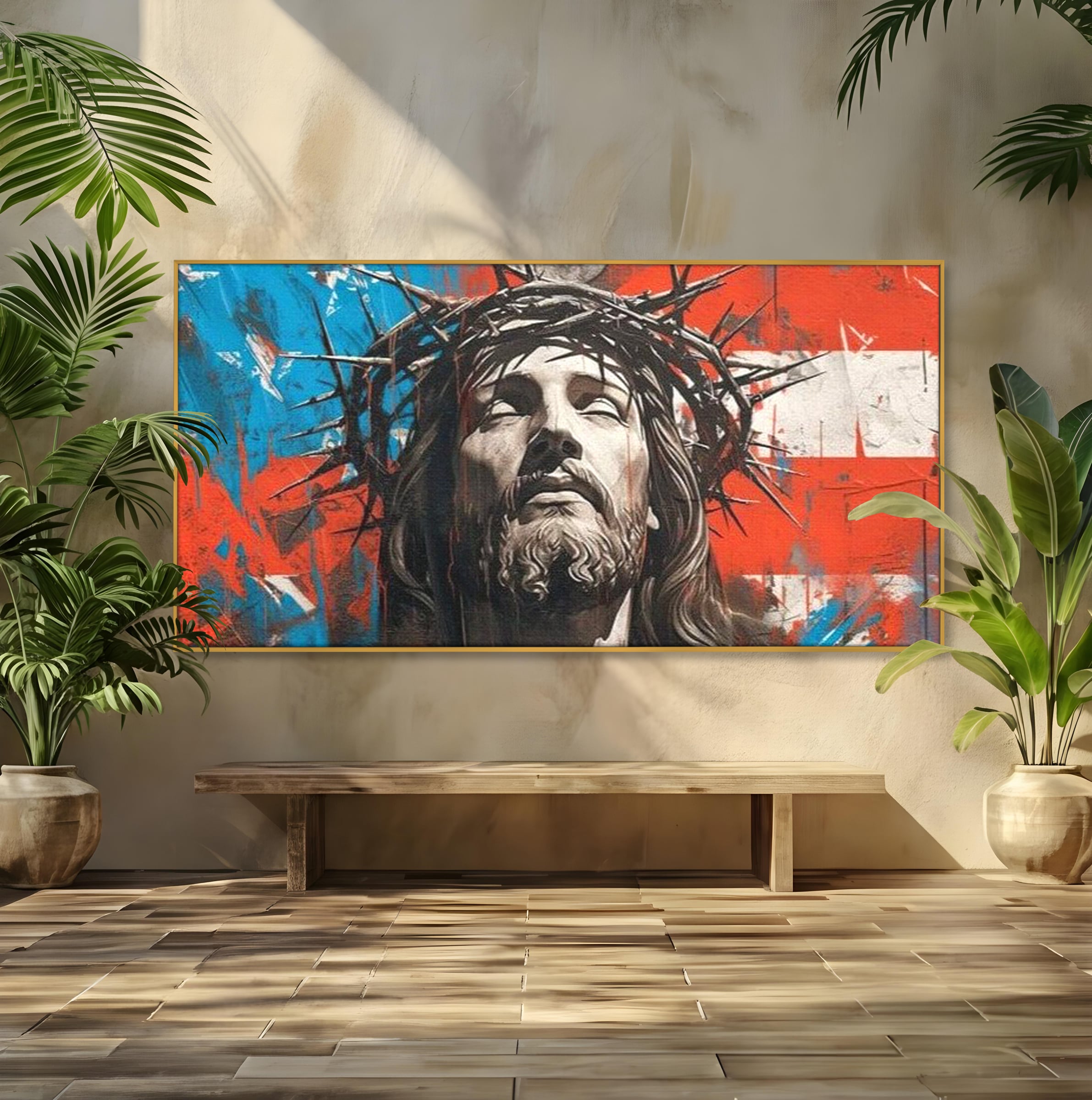 Tablou Canvas Premium LuxCanva® H1046, Sacrificiu si Natiune, Patriotism, Drapel, Libertate, Coroana de Spini, Sacrificiu, Mantuire, Arta Religioasa, Living, Dormitor
