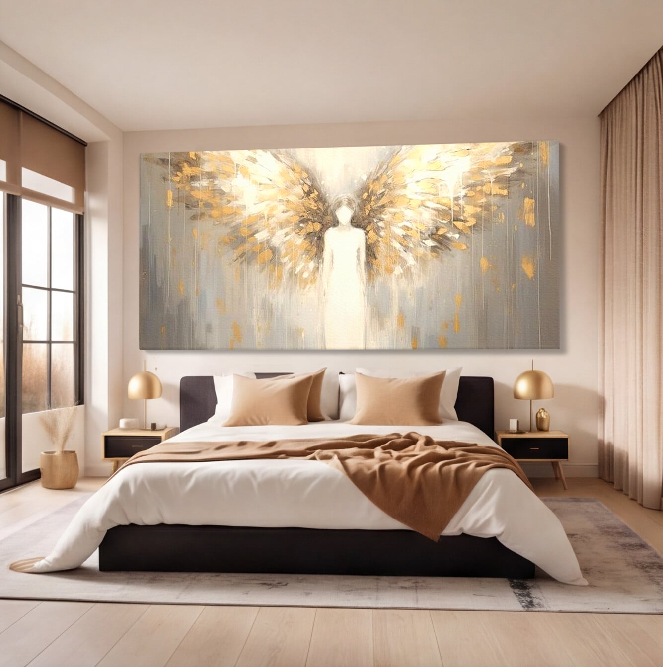Tablou Canvas Premium LuxCanva® H1047, Gardian Ceresc, Inger, Aripi, Silueta, Spiritualitate, Credinta, Har, Blandete, Fragilitate, Pace, Arta Religioasa, Living, Dormitor