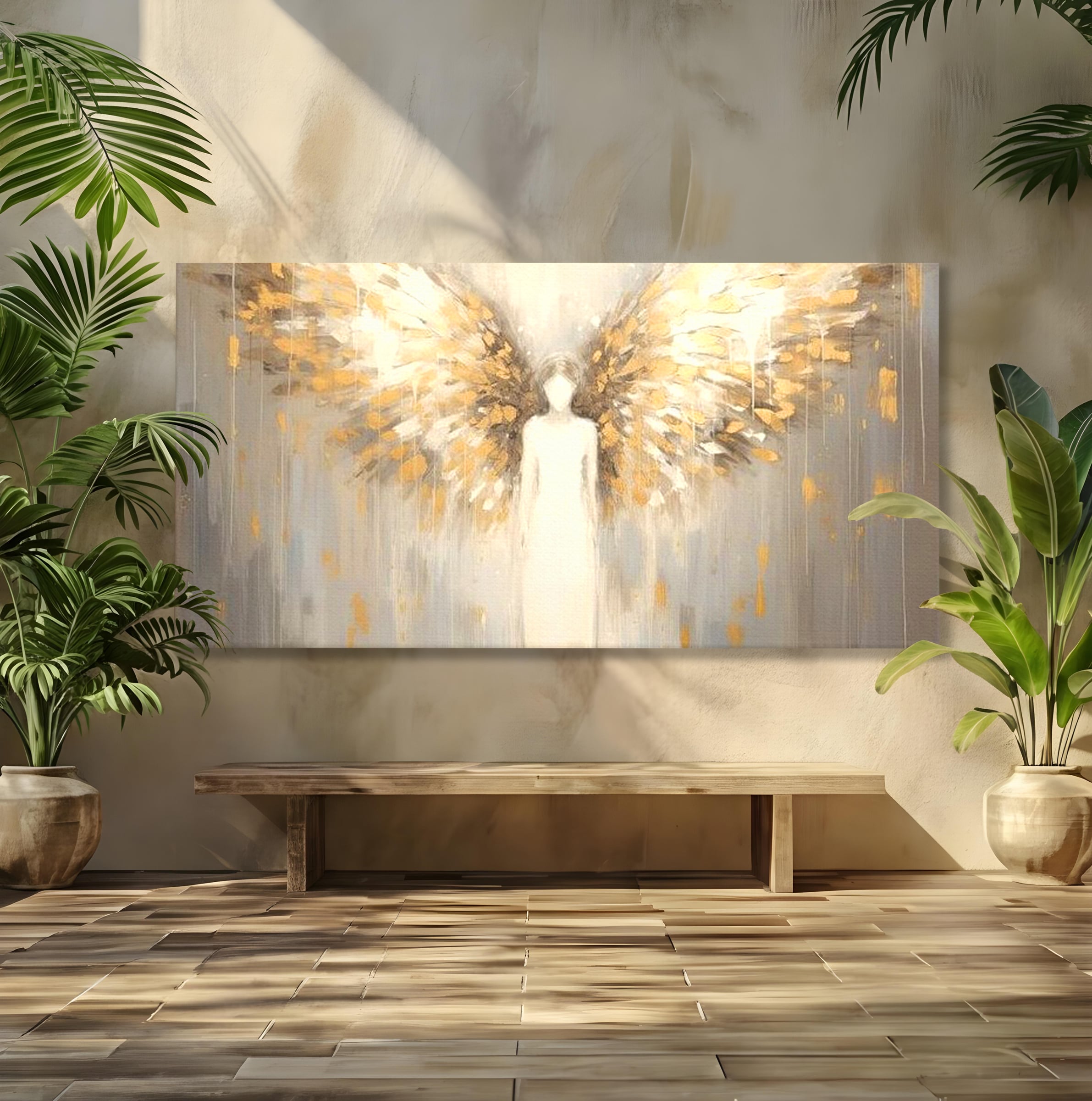 Tablou Canvas Premium LuxCanva® H1047, Gardian Ceresc, Inger, Aripi, Silueta, Spiritualitate, Credinta, Har, Blandete, Fragilitate, Pace, Arta Religioasa, Living, Dormitor