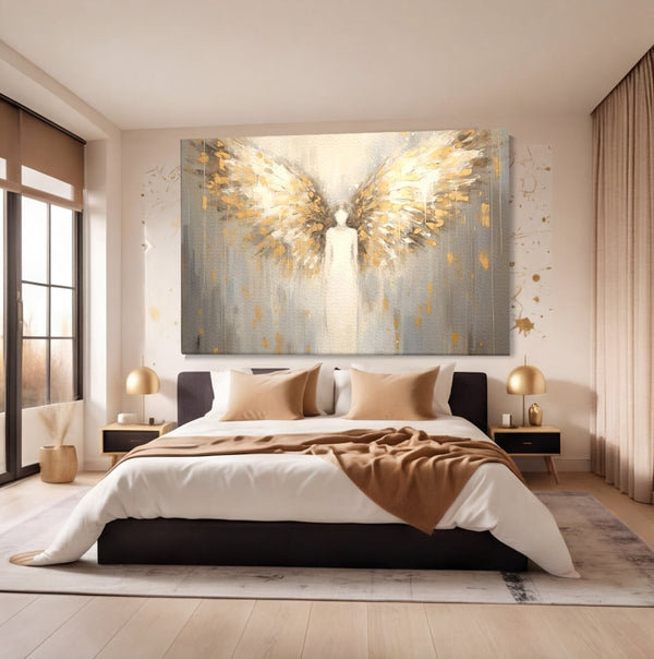 Tablou Canvas Premium LuxCanva® H1047, Gardian Ceresc, Inger, Aripi, Silueta, Spiritualitate, Credinta, Har, Blandete, Fragilitate, Pace, Arta Religioasa, Living, Dormitor