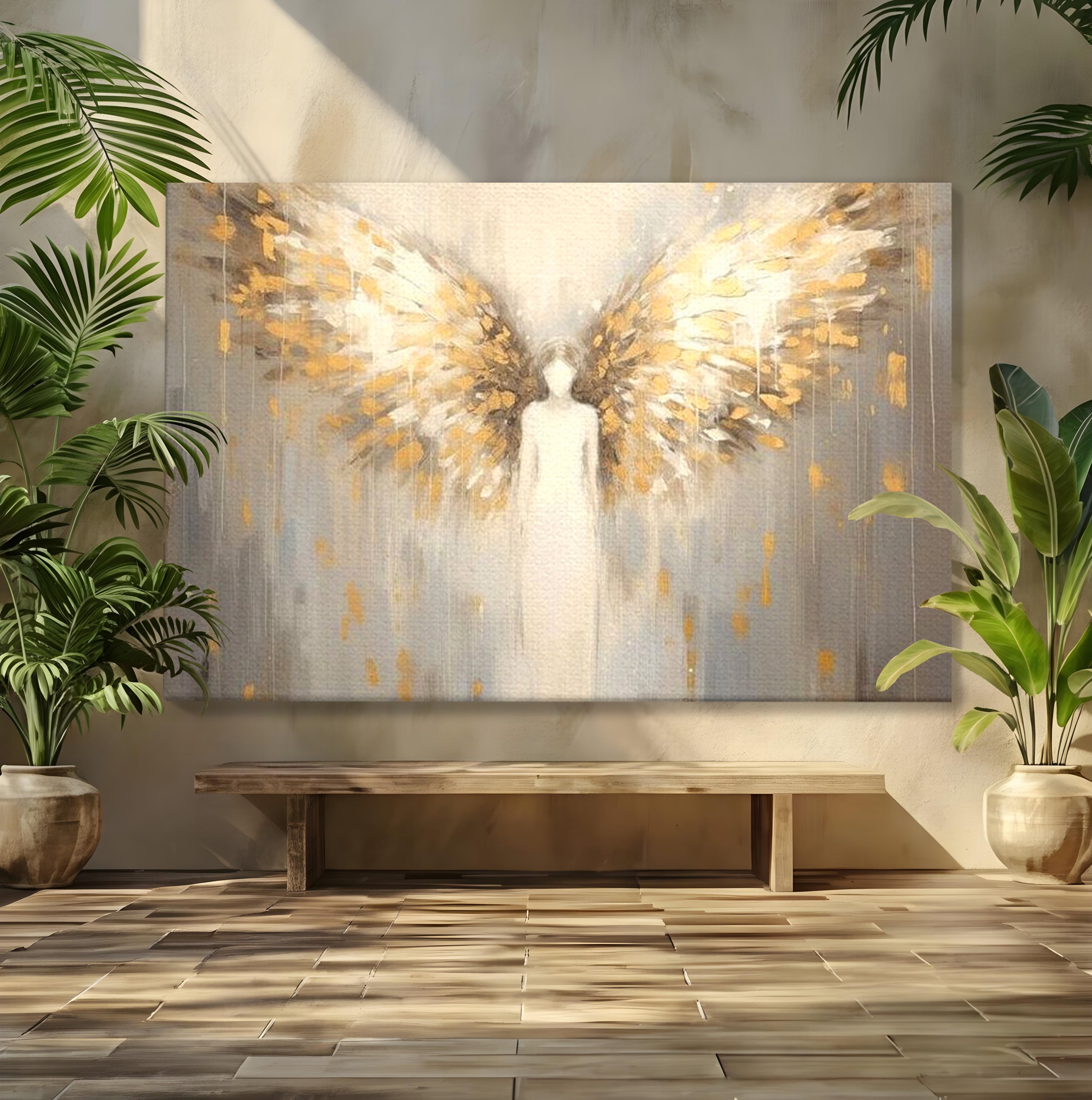 Tablou Canvas Premium LuxCanva® H1047, Gardian Ceresc, Inger, Aripi, Silueta, Spiritualitate, Credinta, Har, Blandete, Fragilitate, Pace, Arta Religioasa, Living, Dormitor