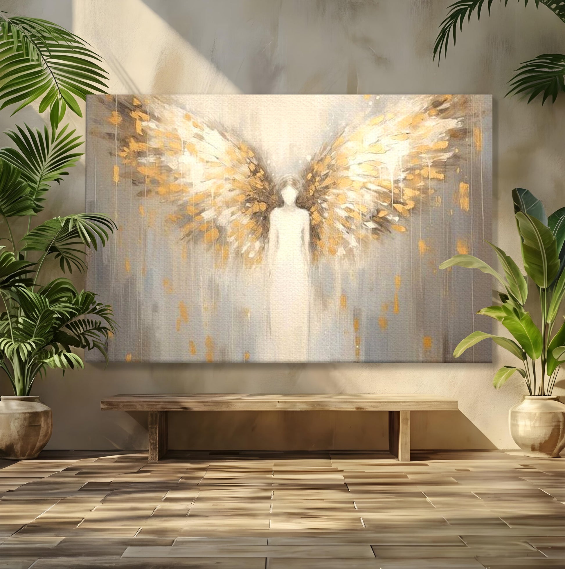 Tablou Canvas Premium LuxCanva® H1047, Gardian Ceresc, Inger, Aripi, Silueta, Spiritualitate, Credinta, Har, Blandete, Fragilitate, Pace, Arta Religioasa, Living, Dormitor