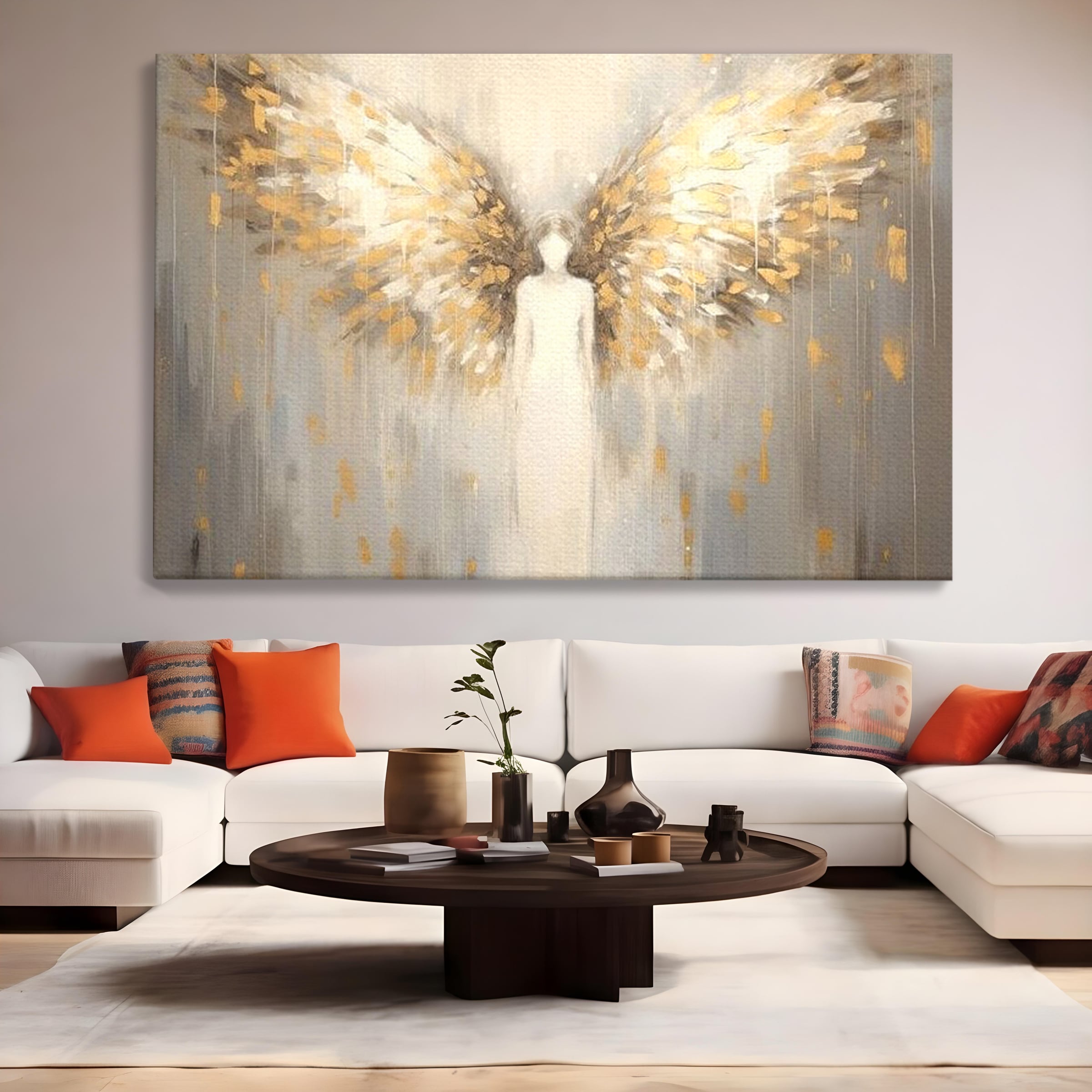 Tablou Canvas Premium LuxCanva® H1047, Gardian Ceresc, Inger, Aripi, Silueta, Spiritualitate, Credinta, Har, Blandete, Fragilitate, Pace, Arta Religioasa, Living, Dormitor