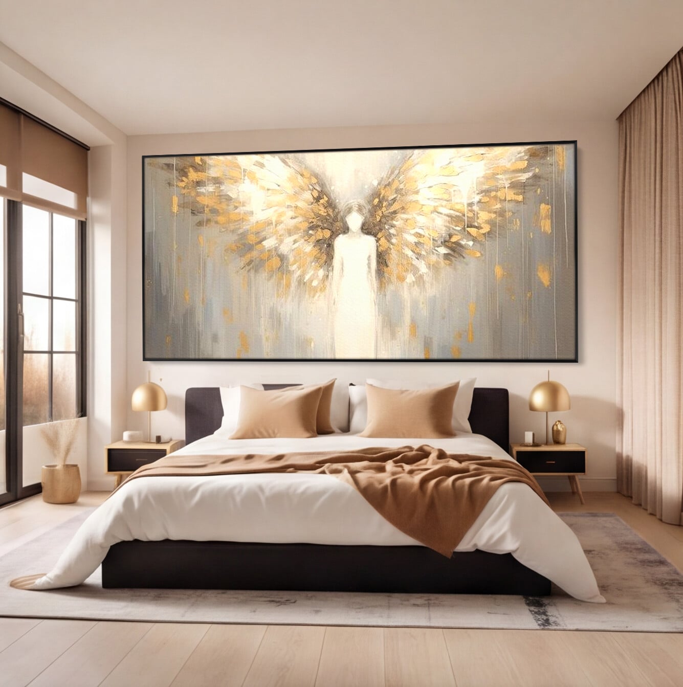 Tablou Canvas Premium LuxCanva® H1047, Gardian Ceresc, Inger, Aripi, Silueta, Spiritualitate, Credinta, Har, Blandete, Fragilitate, Pace, Arta Religioasa, Living, Dormitor