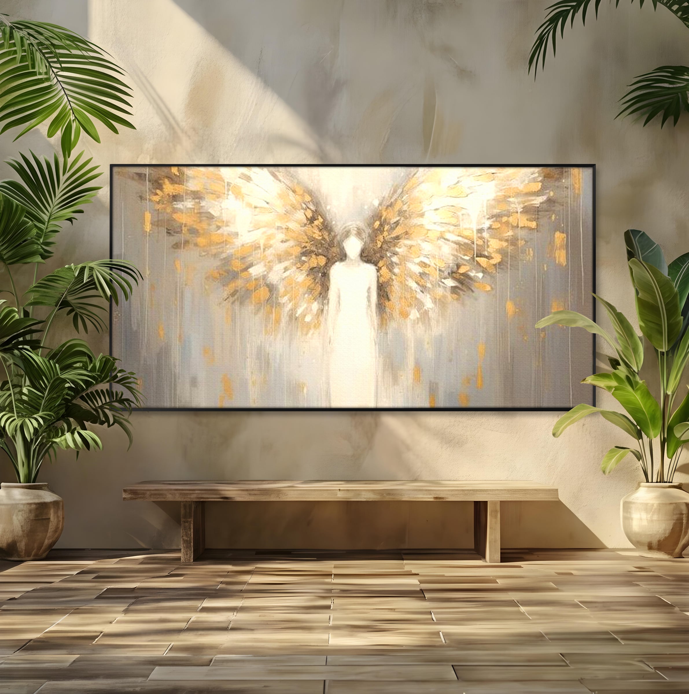 Tablou Canvas Premium LuxCanva® H1047, Gardian Ceresc, Inger, Aripi, Silueta, Spiritualitate, Credinta, Har, Blandete, Fragilitate, Pace, Arta Religioasa, Living, Dormitor