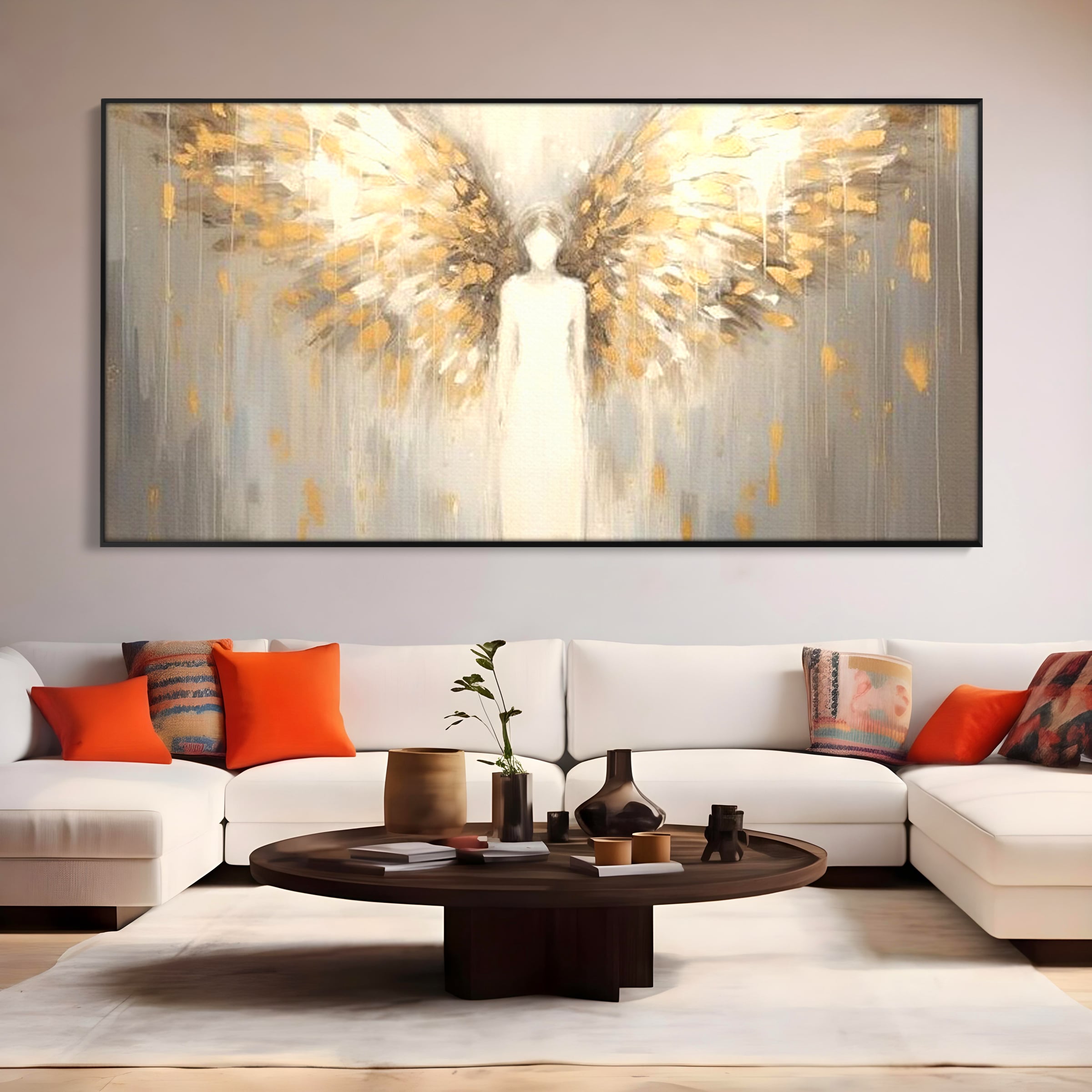 Tablou Canvas Premium LuxCanva® H1047, Gardian Ceresc, Inger, Aripi, Silueta, Spiritualitate, Credinta, Har, Blandete, Fragilitate, Pace, Arta Religioasa, Living, Dormitor