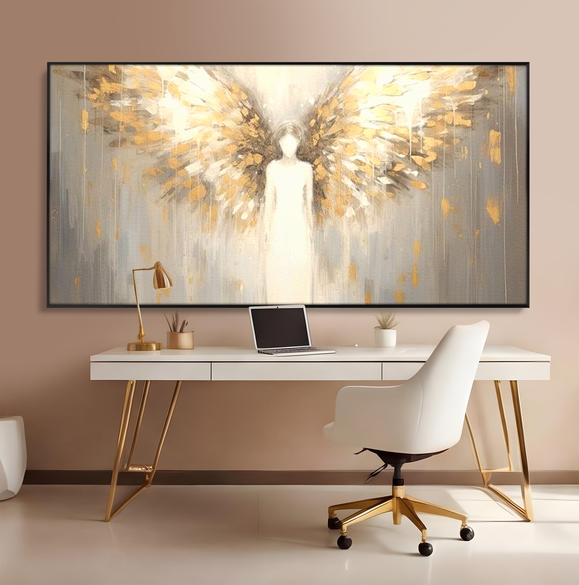 Tablou Canvas Premium LuxCanva® H1047, Gardian Ceresc, Inger, Aripi, Silueta, Spiritualitate, Credinta, Har, Blandete, Fragilitate, Pace, Arta Religioasa, Living, Dormitor