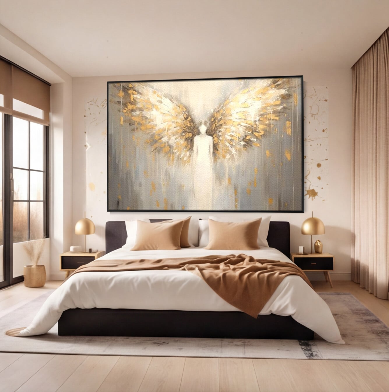 Tablou Canvas Premium LuxCanva® H1047, Gardian Ceresc, Inger, Aripi, Silueta, Spiritualitate, Credinta, Har, Blandete, Fragilitate, Pace, Arta Religioasa, Living, Dormitor