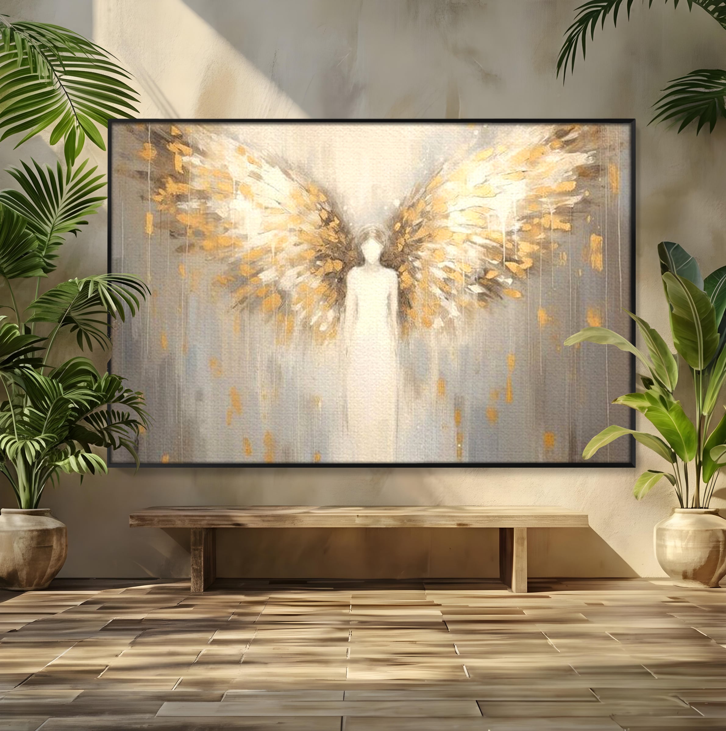 Tablou Canvas Premium LuxCanva® H1047, Gardian Ceresc, Inger, Aripi, Silueta, Spiritualitate, Credinta, Har, Blandete, Fragilitate, Pace, Arta Religioasa, Living, Dormitor