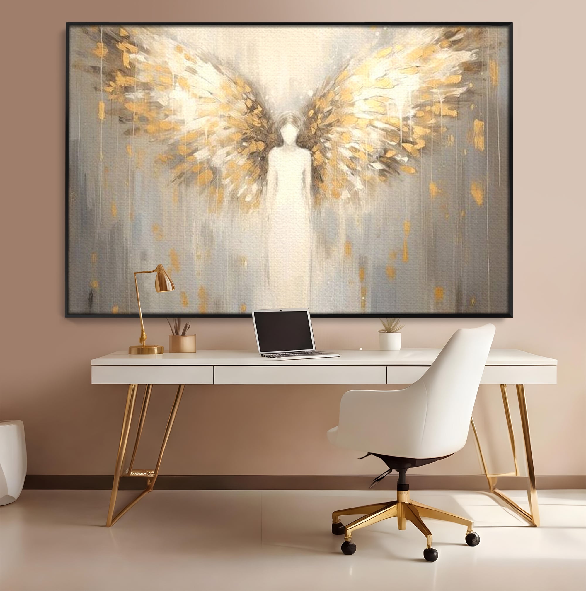 Tablou Canvas Premium LuxCanva® H1047, Gardian Ceresc, Inger, Aripi, Silueta, Spiritualitate, Credinta, Har, Blandete, Fragilitate, Pace, Arta Religioasa, Living, Dormitor