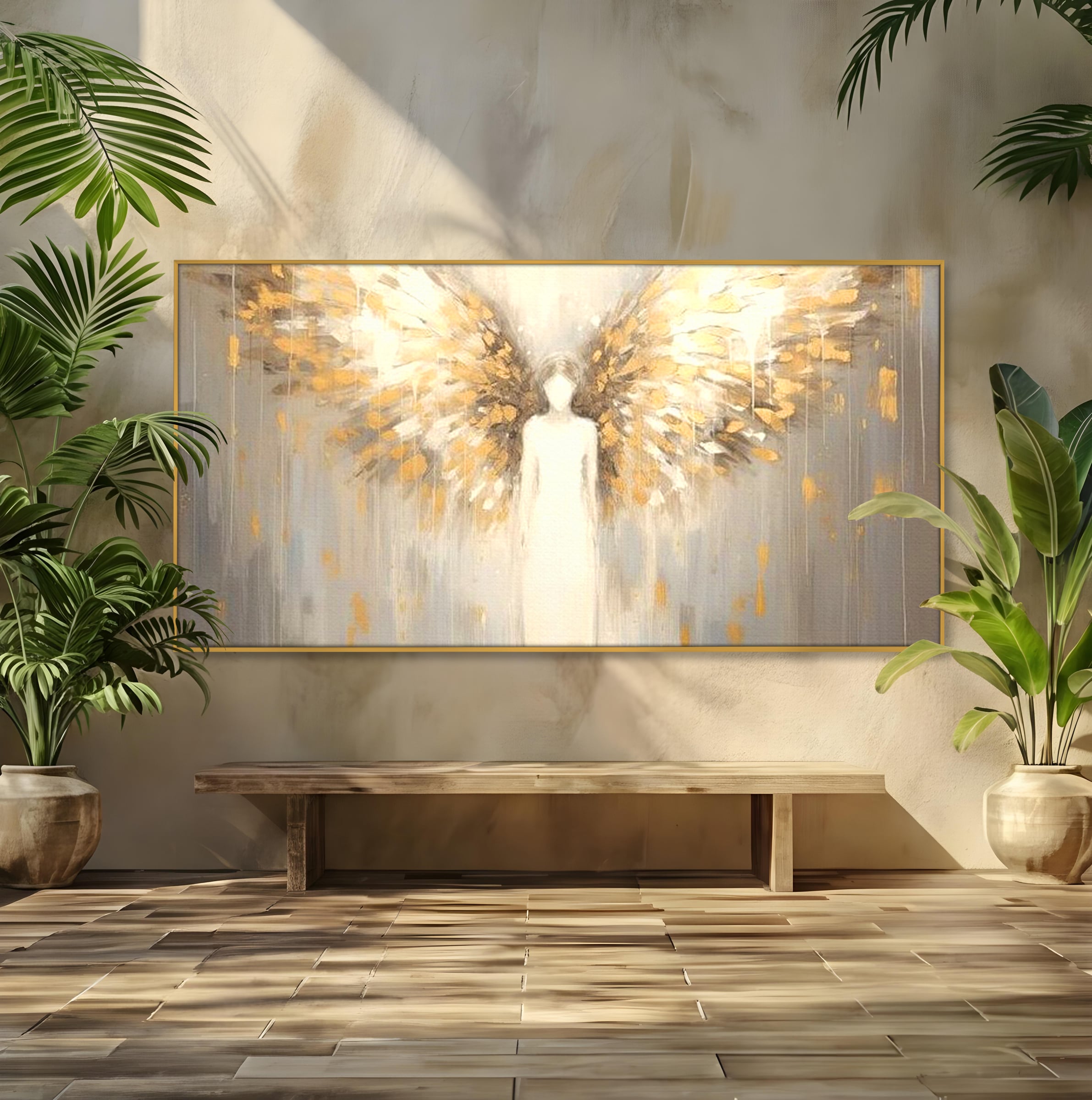 Tablou Canvas Premium LuxCanva® H1047, Gardian Ceresc, Inger, Aripi, Silueta, Spiritualitate, Credinta, Har, Blandete, Fragilitate, Pace, Arta Religioasa, Living, Dormitor
