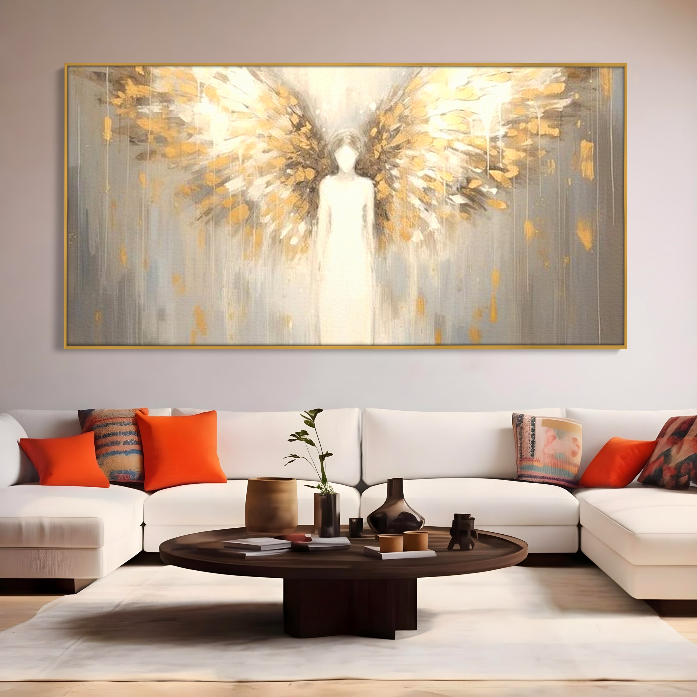 Tablou Canvas Premium LuxCanva® H1047, Gardian Ceresc, Inger, Aripi, Silueta, Spiritualitate, Credinta, Har, Blandete, Fragilitate, Pace, Arta Religioasa, Living, Dormitor