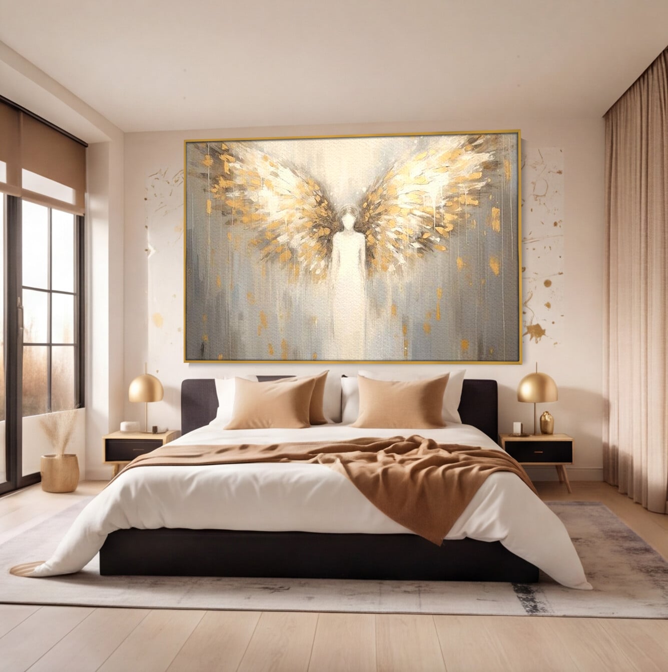 Tablou Canvas Premium LuxCanva® H1047, Gardian Ceresc, Inger, Aripi, Silueta, Spiritualitate, Credinta, Har, Blandete, Fragilitate, Pace, Arta Religioasa, Living, Dormitor
