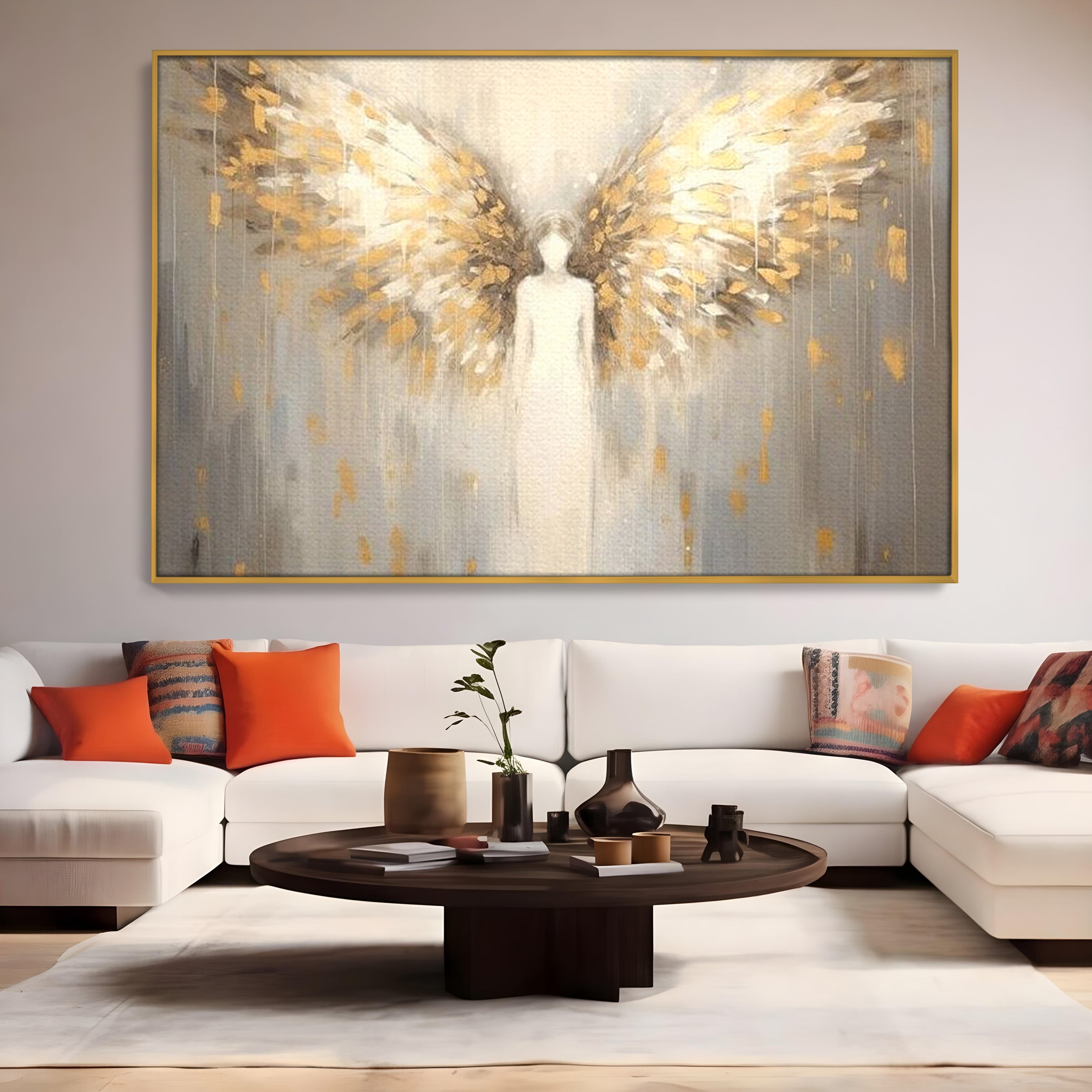 Tablou Canvas Premium LuxCanva® H1047, Gardian Ceresc, Inger, Aripi, Silueta, Spiritualitate, Credinta, Har, Blandete, Fragilitate, Pace, Arta Religioasa, Living, Dormitor