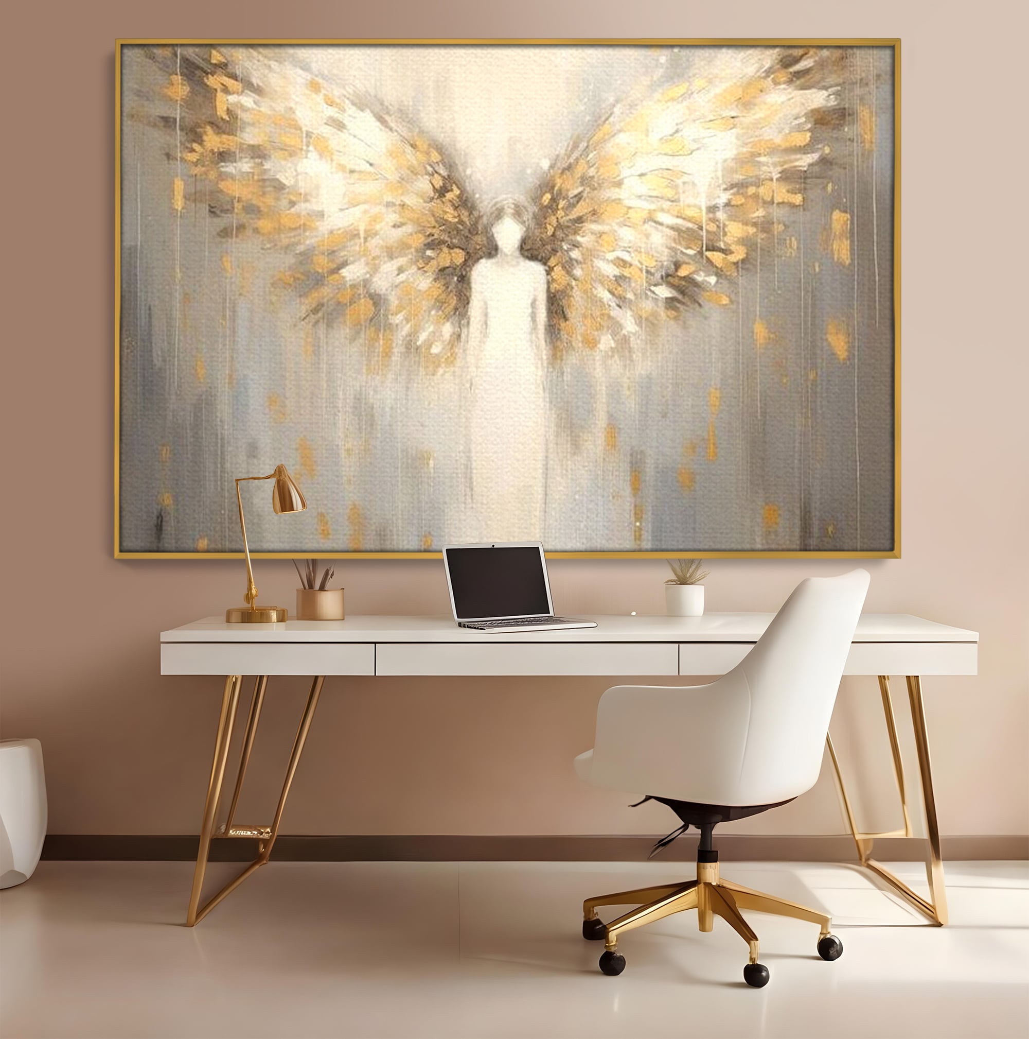 Tablou Canvas Premium LuxCanva® H1047, Gardian Ceresc, Inger, Aripi, Silueta, Spiritualitate, Credinta, Har, Blandete, Fragilitate, Pace, Arta Religioasa, Living, Dormitor